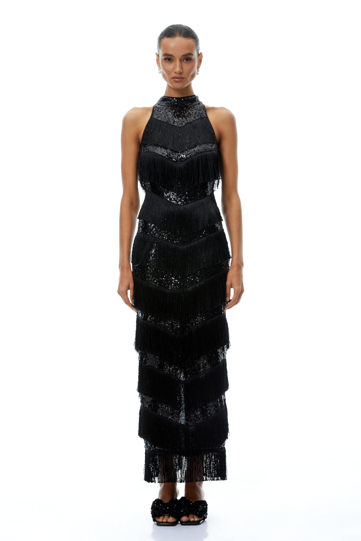 Bridget Black Halterneck Fringed Maxi Dress