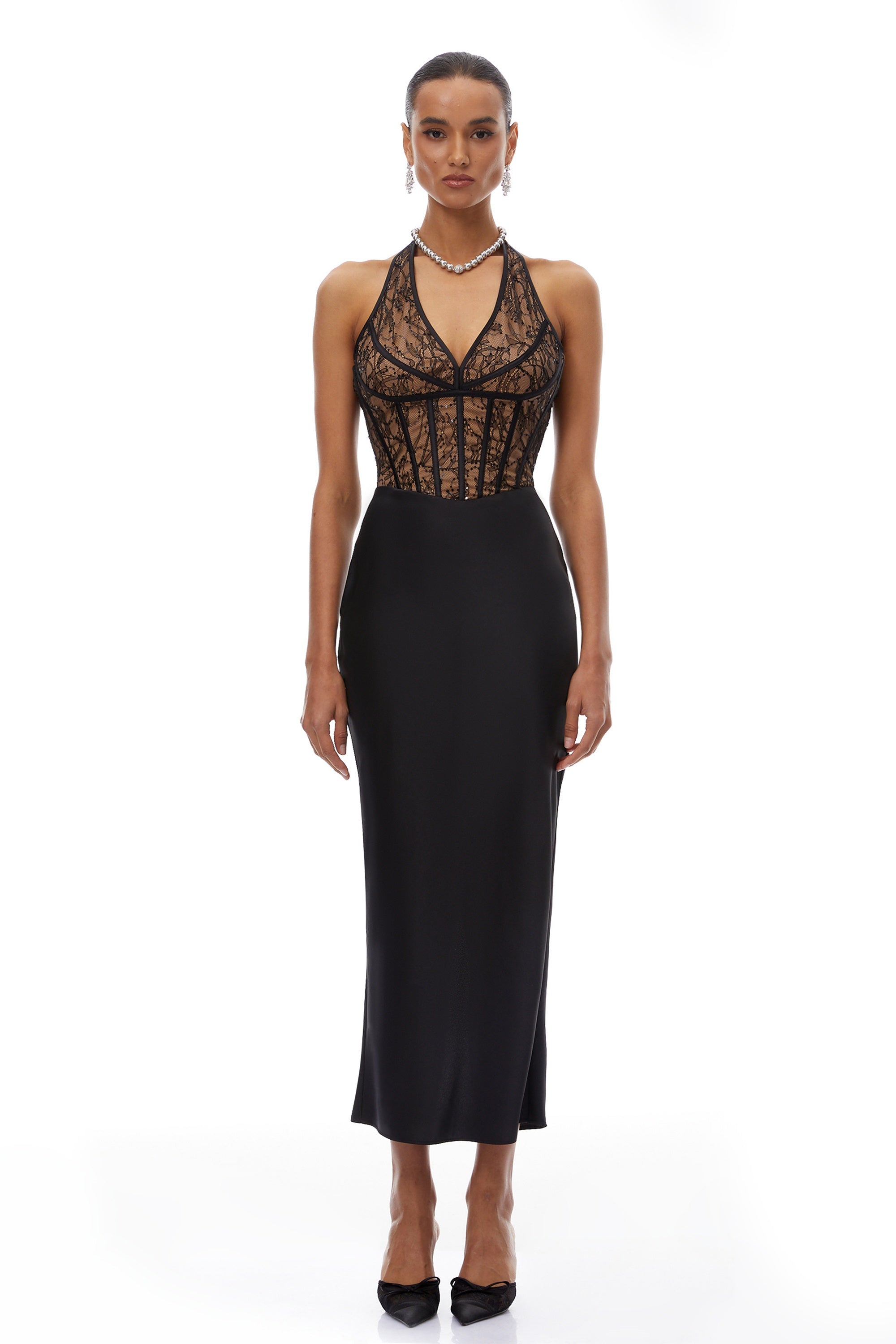 Lucie Black Lace Panel Satin Midi Dress (Final Sale-US Only)