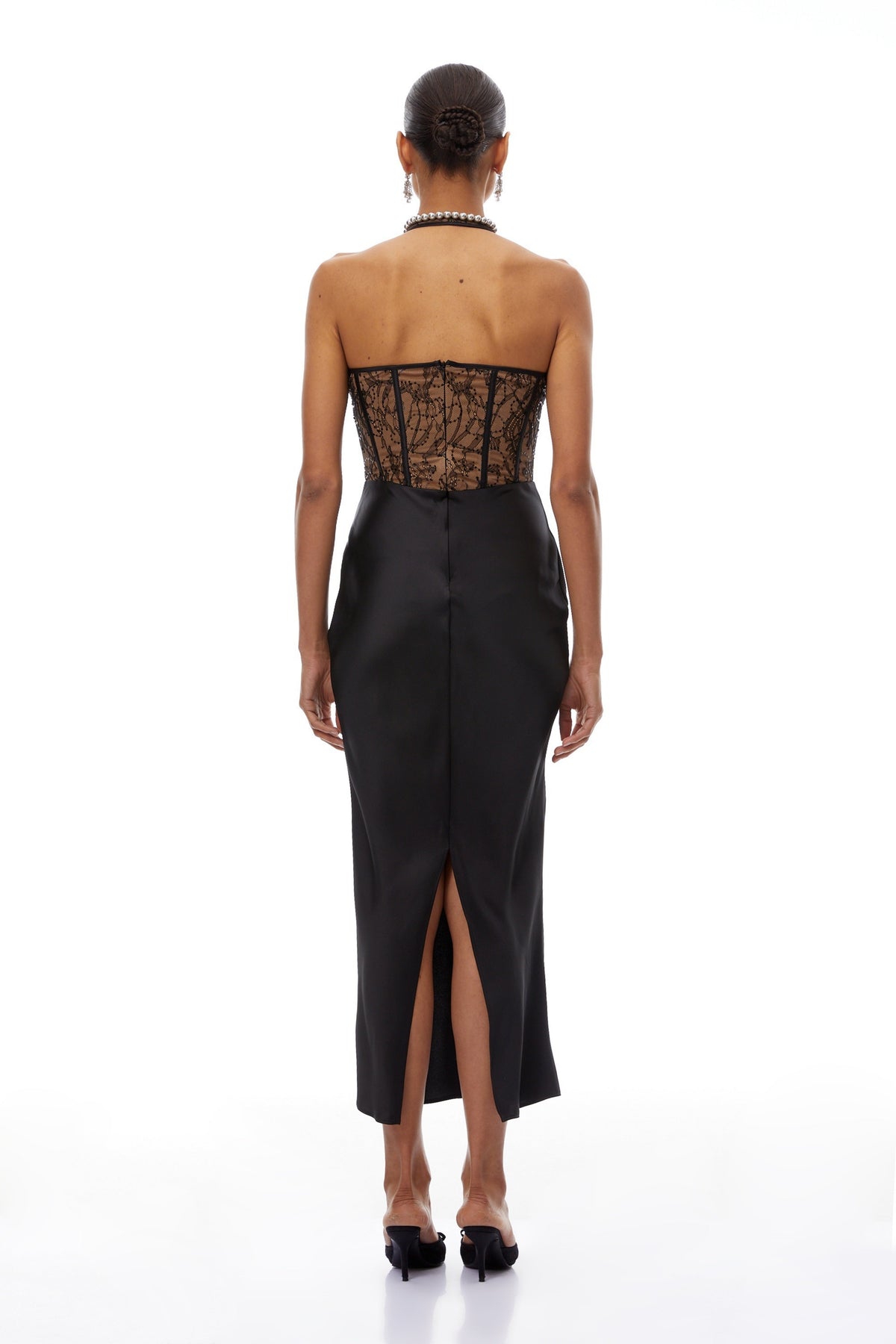Lucie Black Lace Panel Satin Midi Dress
