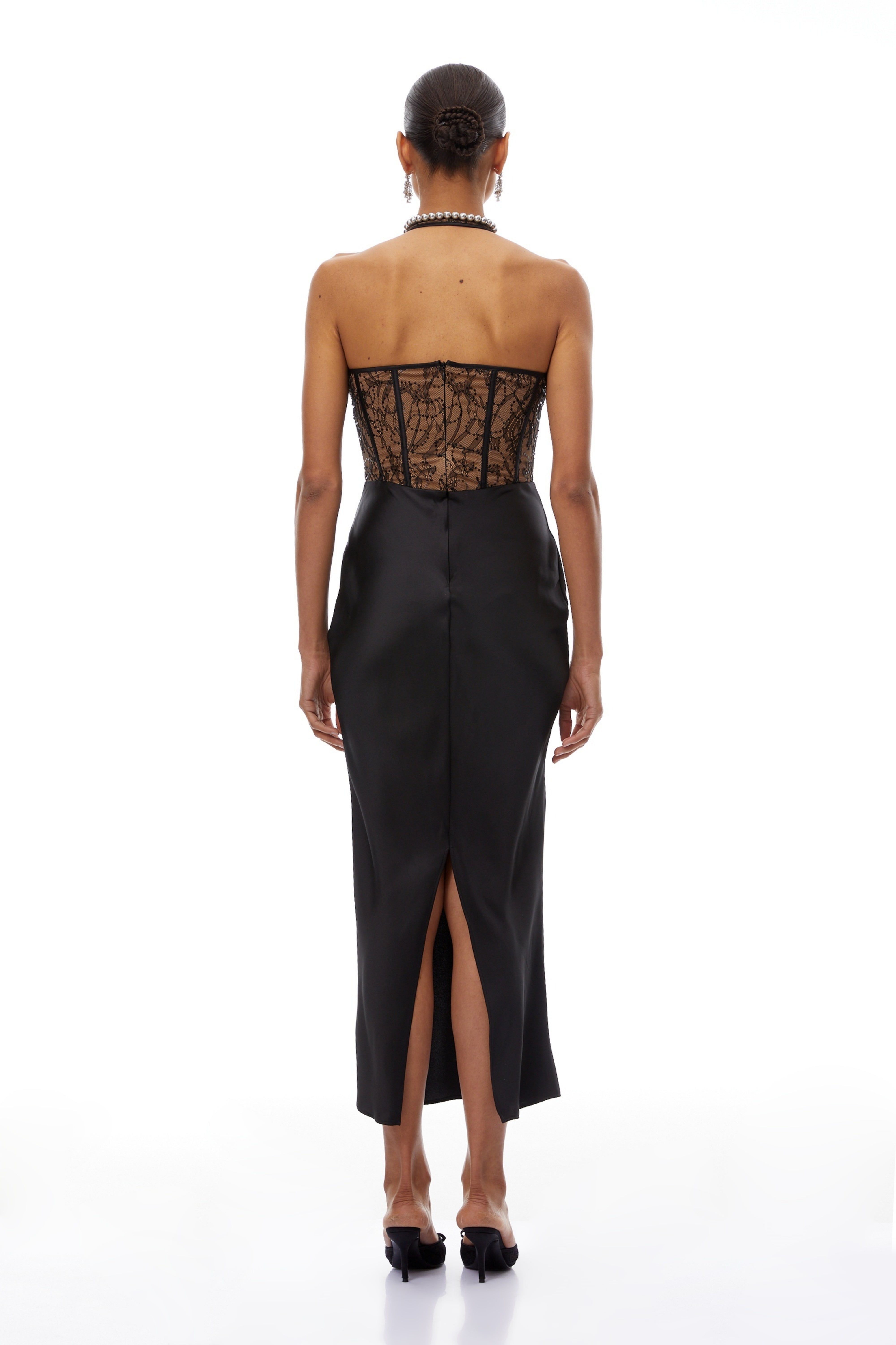 Lucie Black Lace Panel Satin Midi Dress (Final Sale-US Only)