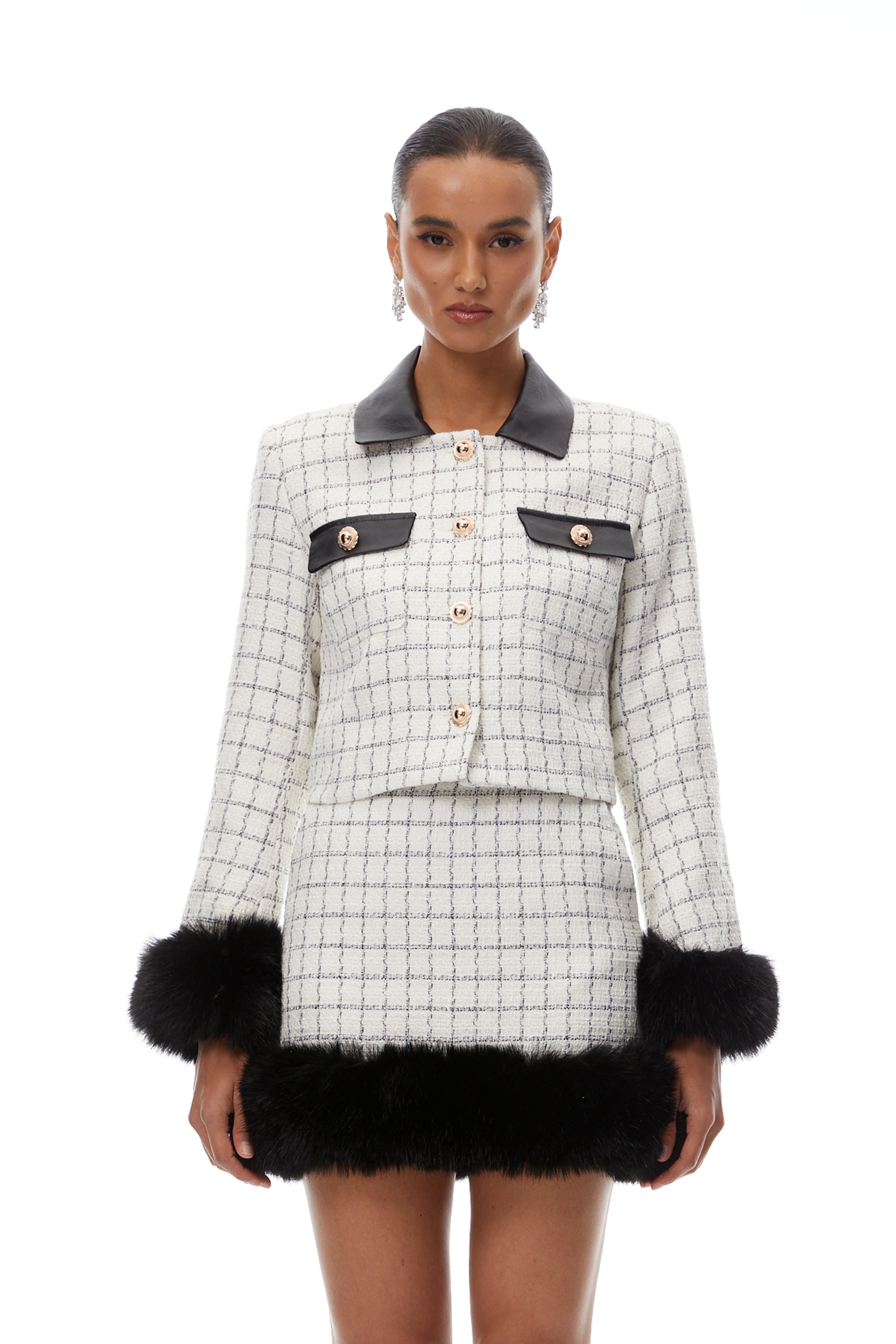 Zosia White Checkered Fur Cuff Tweed Jacket & Skirt Set