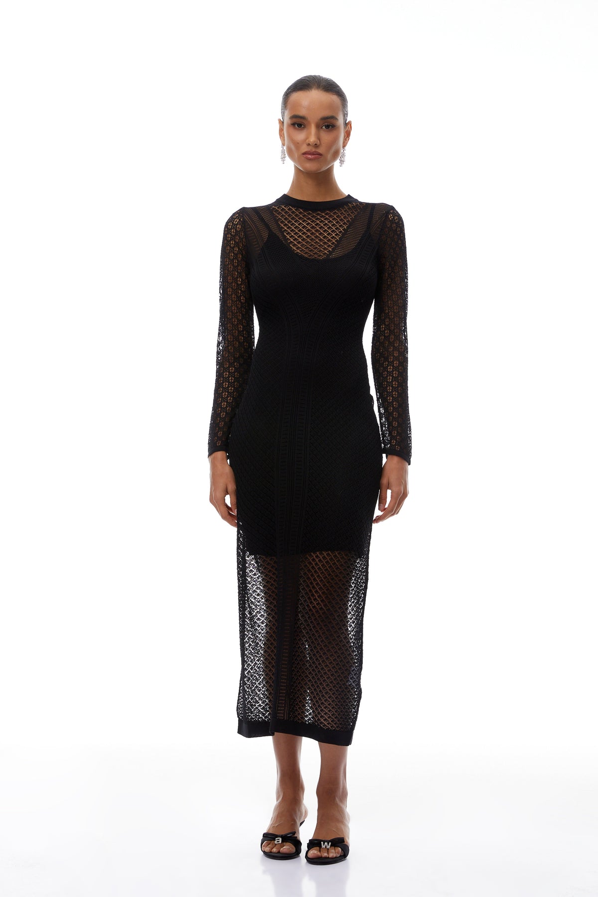 Clover Black Cut-out Design Crochet Knit Midi Dress