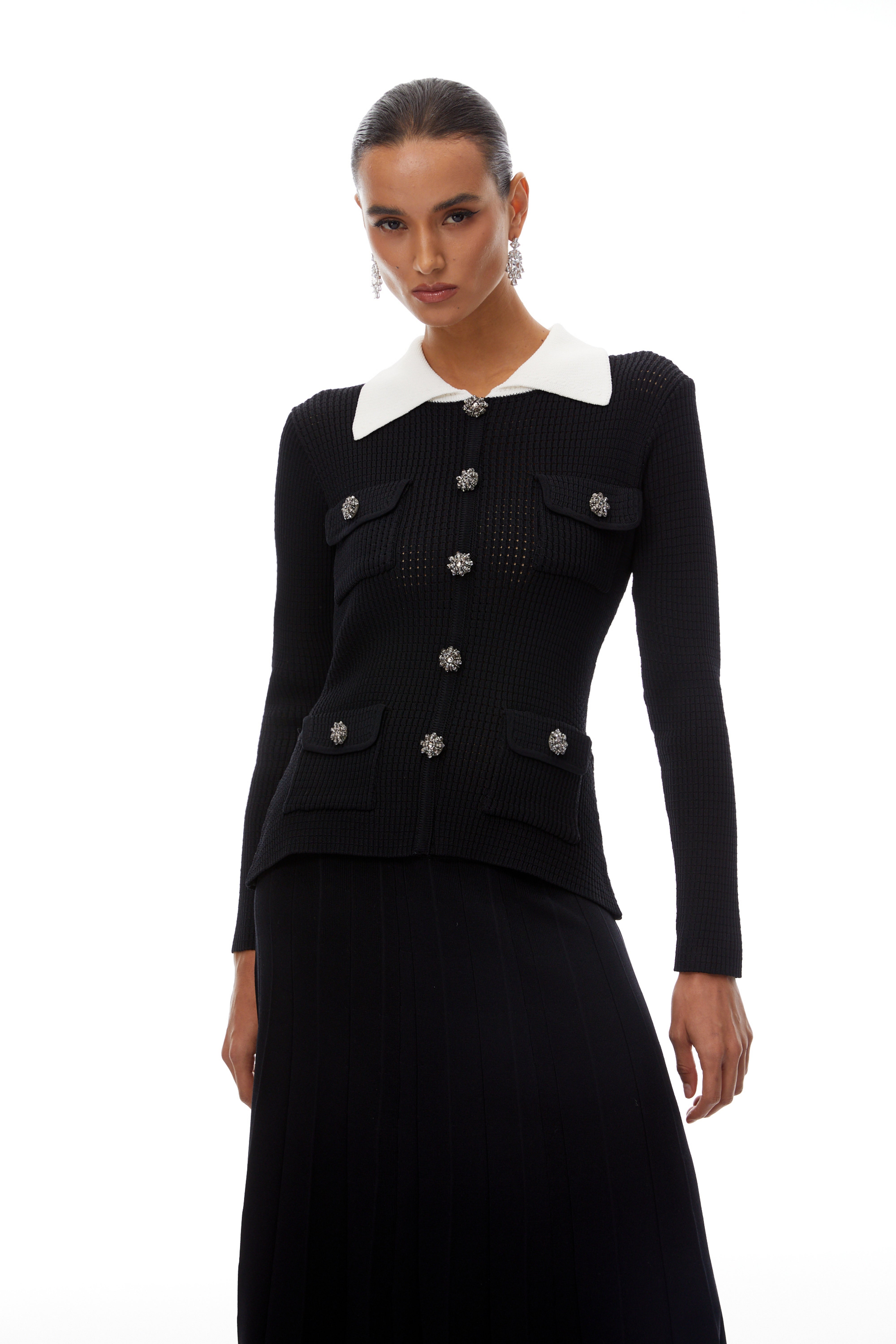 Esmée Black Embellished Pleated Knit Jacket & Skirt Set