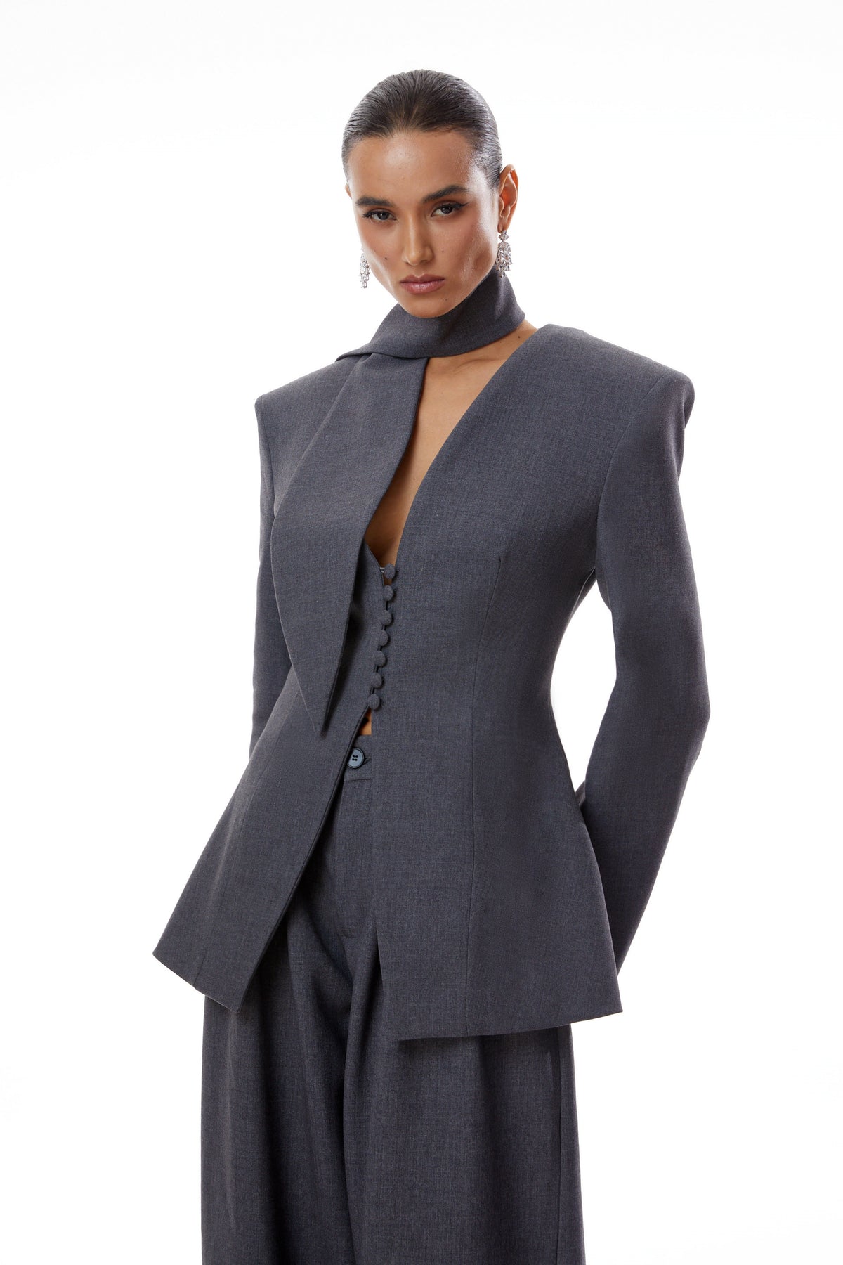 Neve Grey V-Neck Tailored Blazer