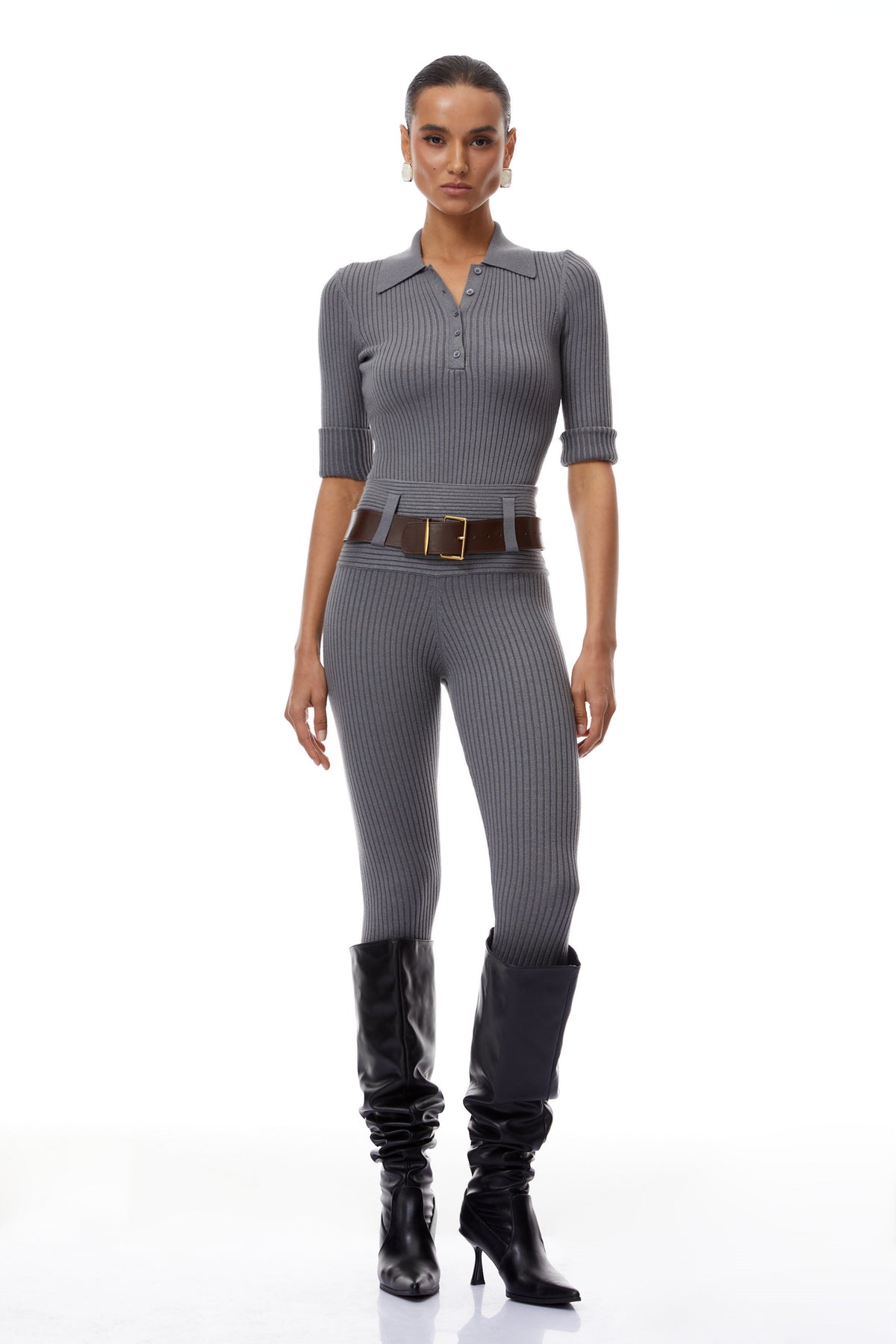 Claire Grey Ribbed Knit Bodysuit & Trousers Set (Final Sale-US Only)