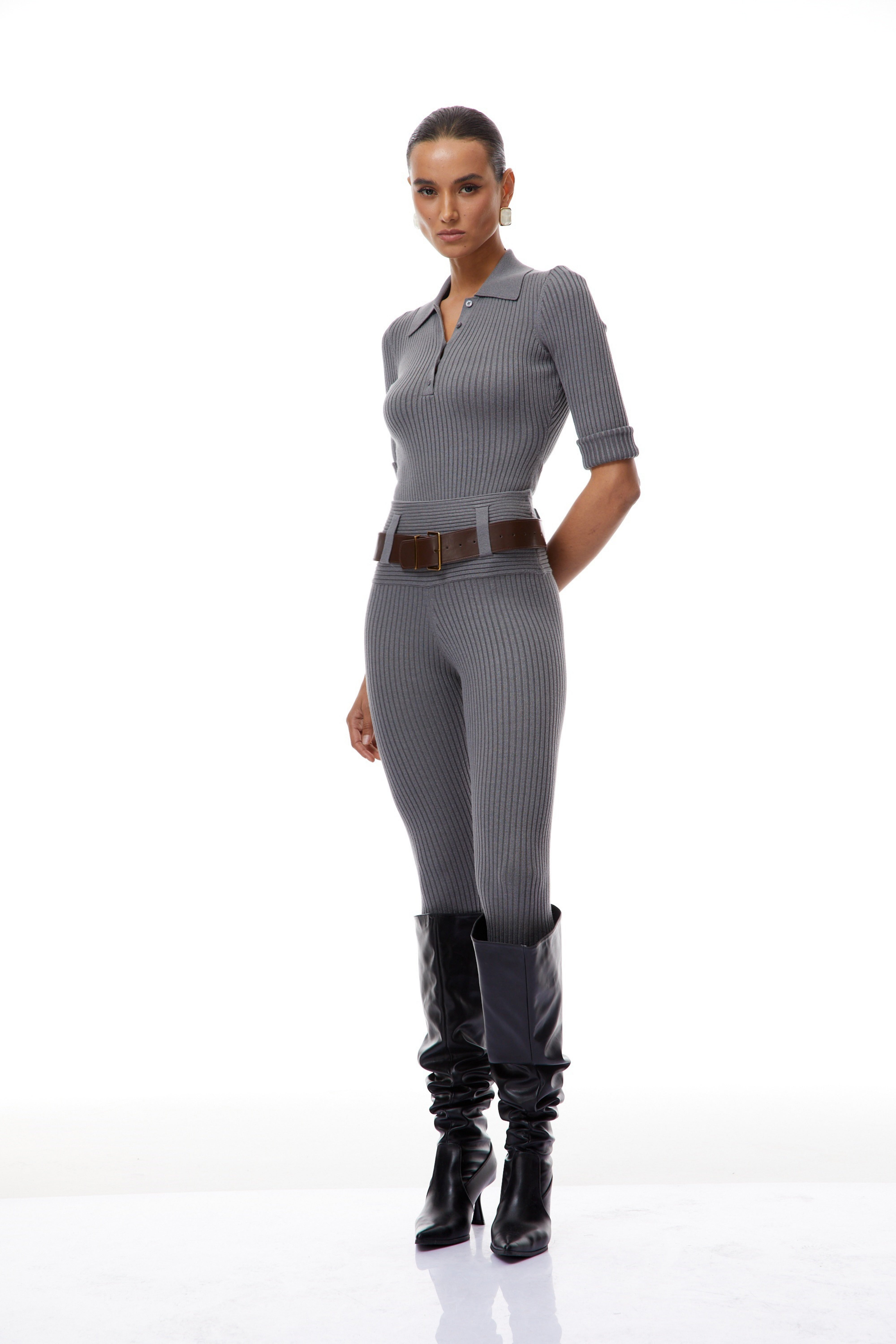 Claire Grey Ribbed Knit Bodysuit & Trousers Set