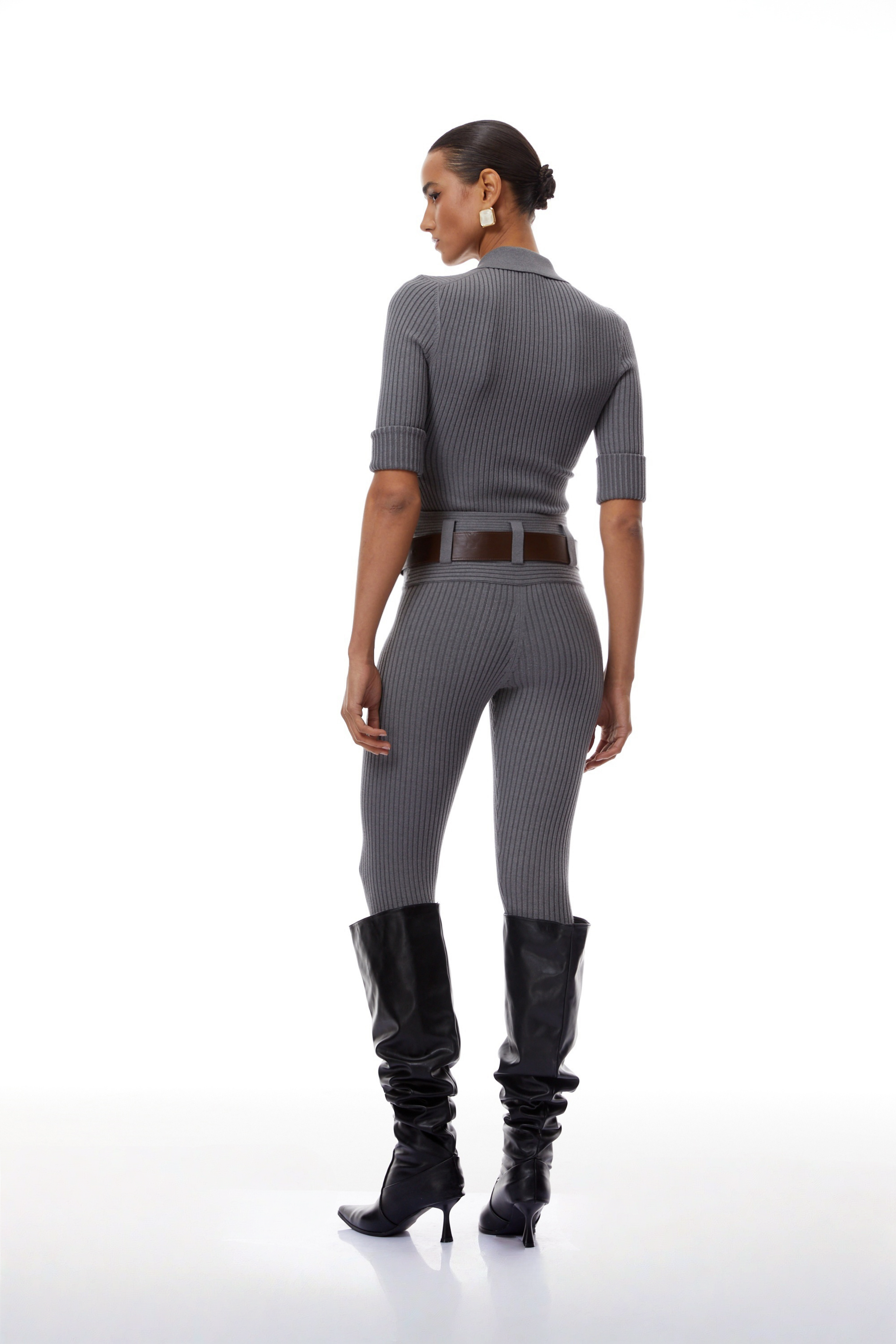 Claire Grey Ribbed Knit Bodysuit & Trousers Set