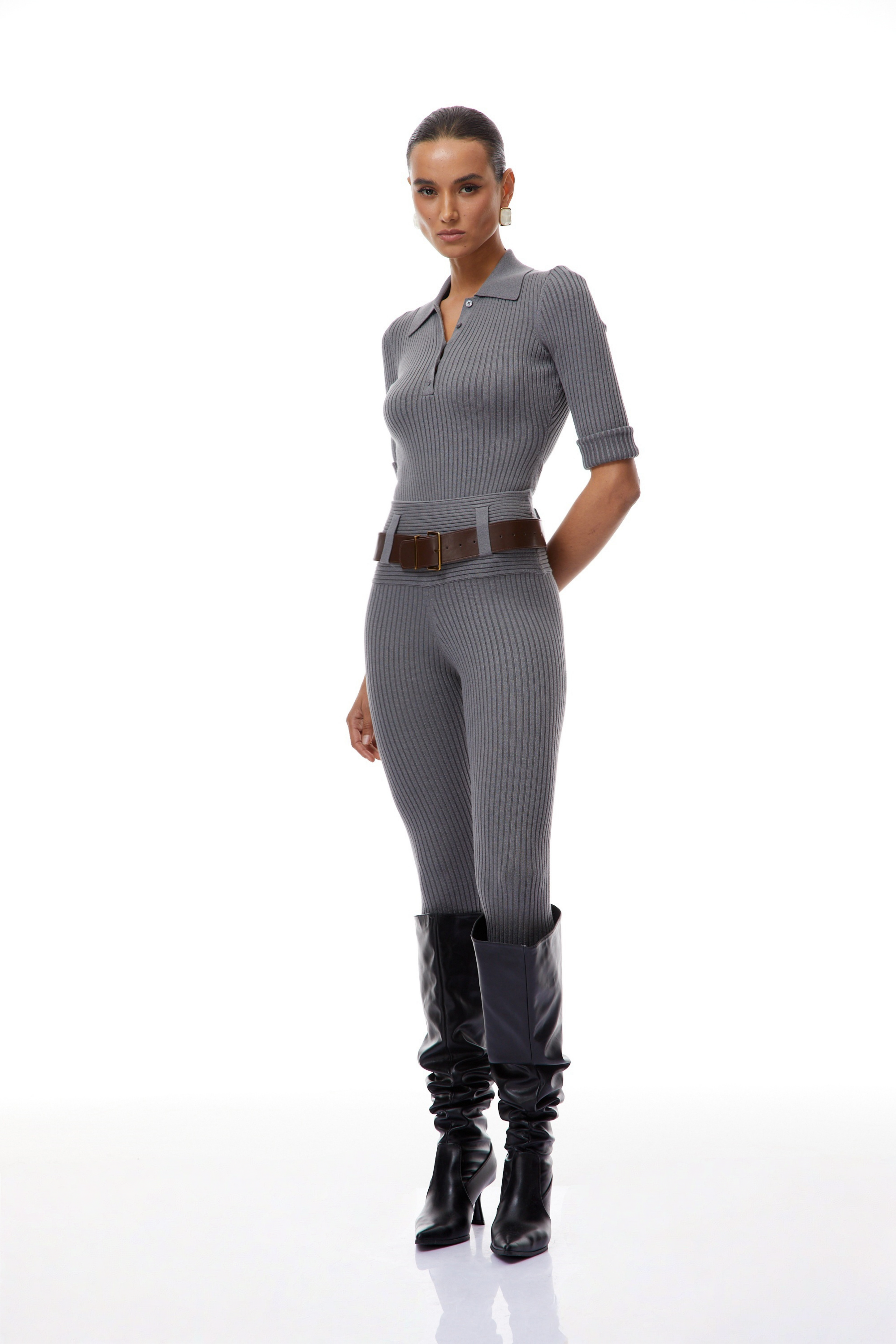 Claire Grey Ribbed Knit Bodysuit & Trousers Set