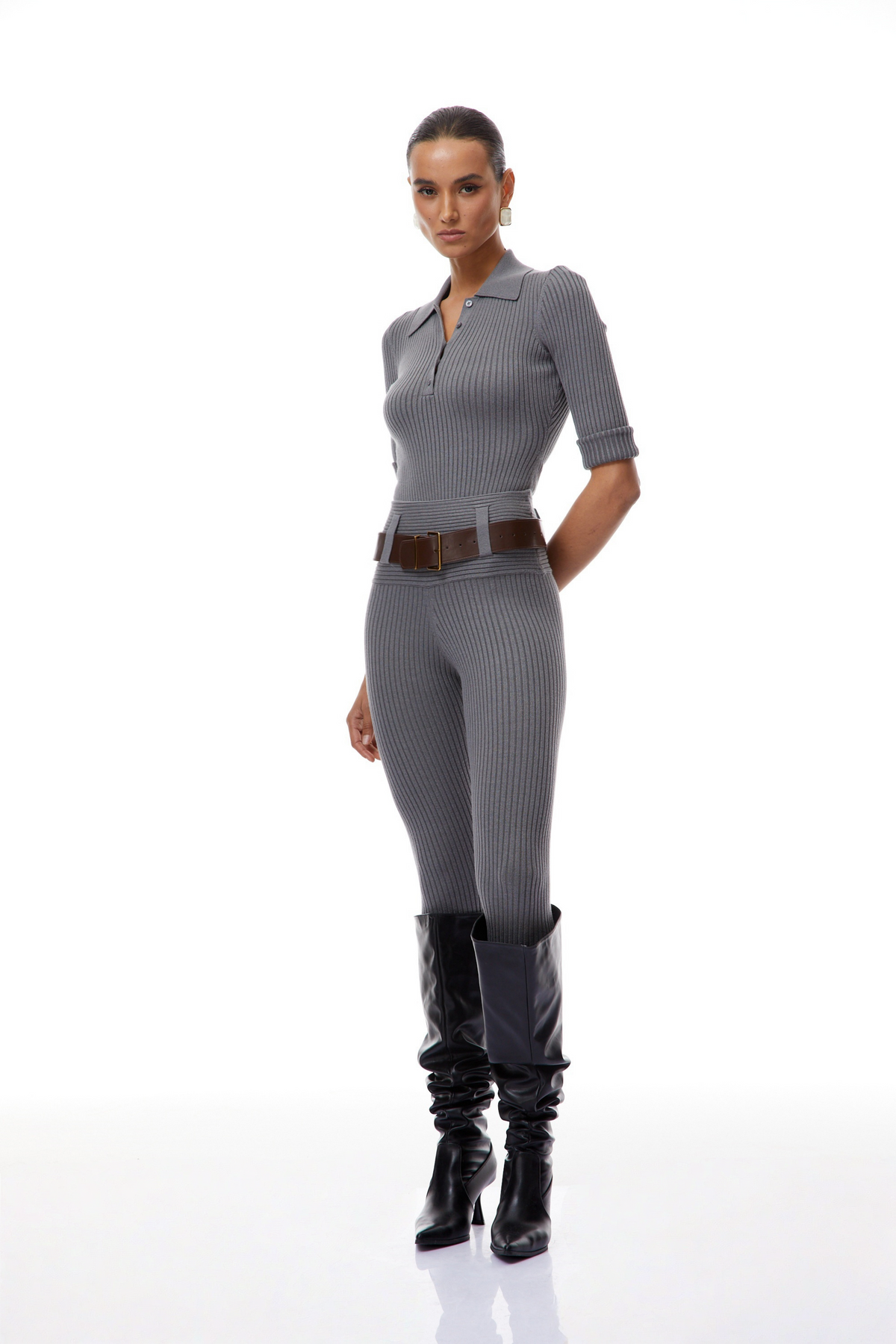 Claire Grey Ribbed Knit Bodysuit & Trousers Set (Final Sale-US Only)