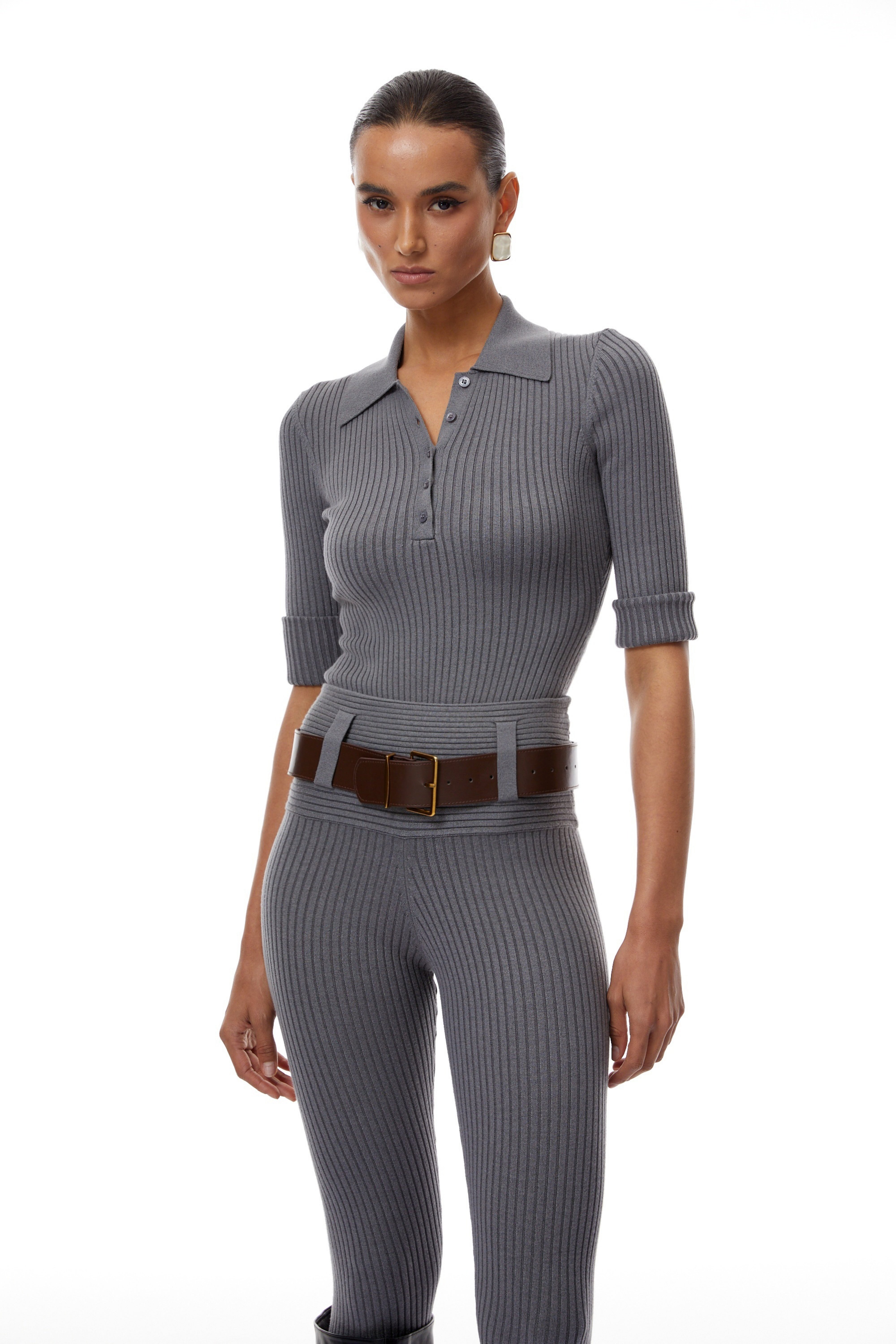 Claire Grey Ribbed Knit Bodysuit & Trousers Set