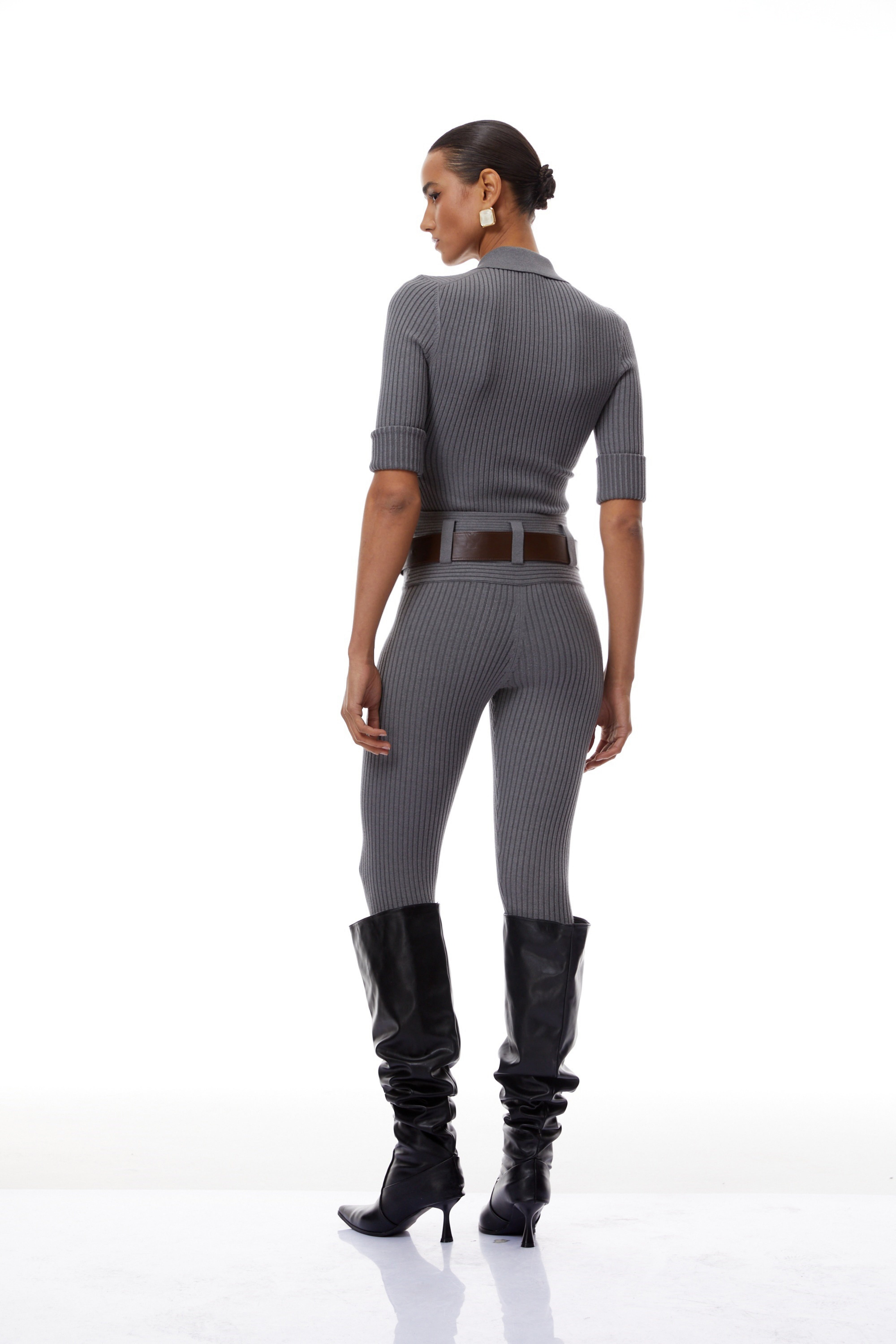 Claire Grey Ribbed Knit Bodysuit & Trousers Set