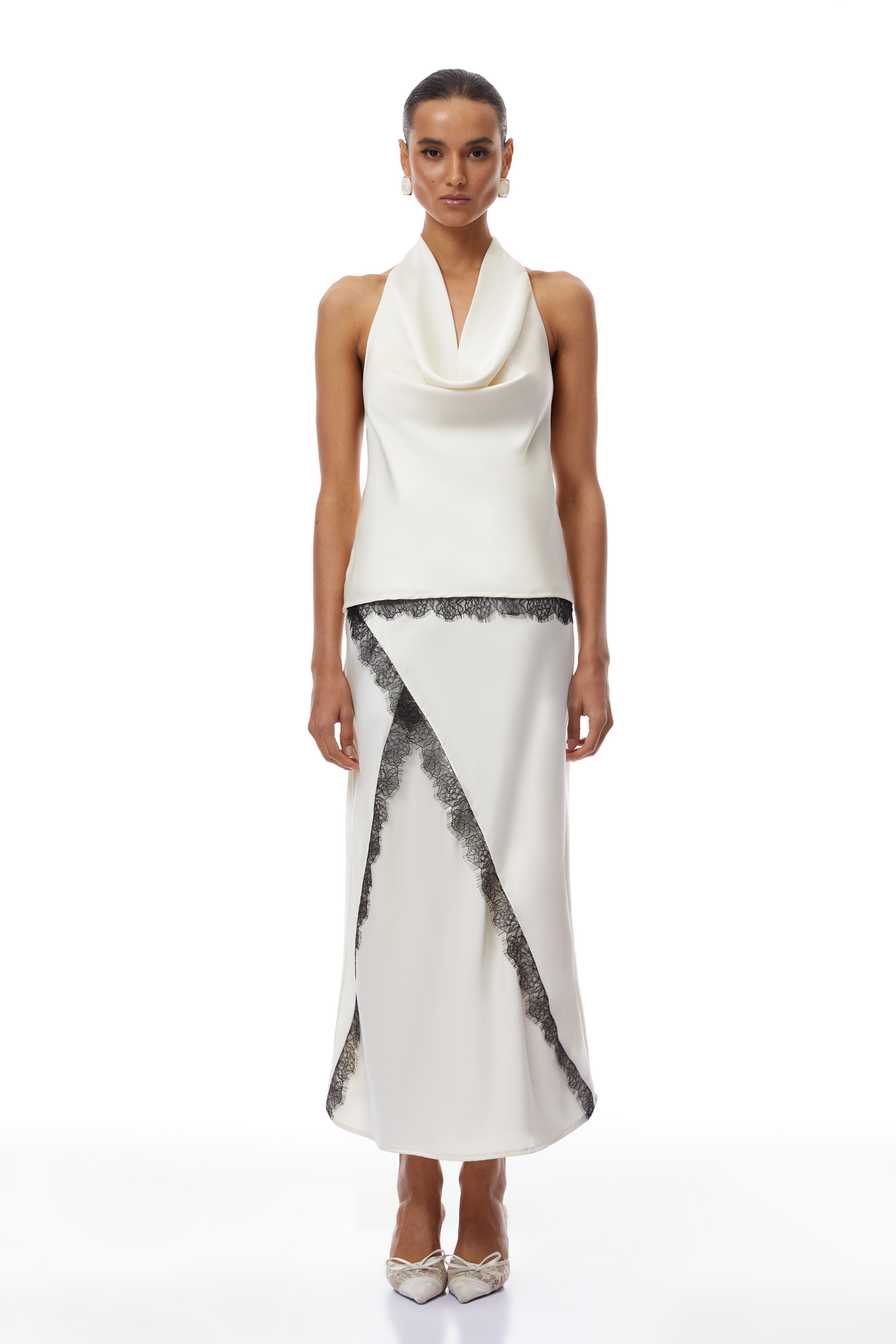 Frida White Satin Co-ord Set with Lace Trim