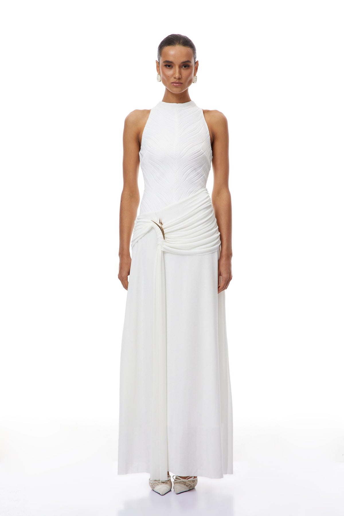 Klara White Ruched Ribbon Textured Maxi Dress