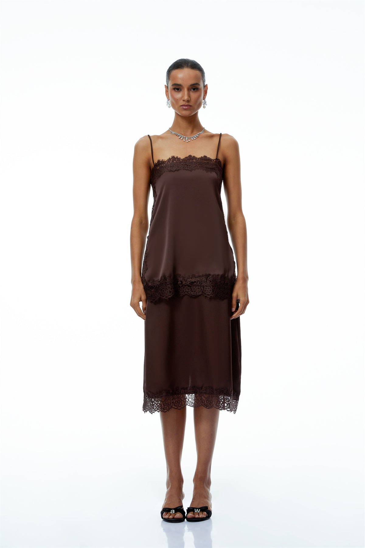 Ingrid Brown Lace Trim Satin Top & Skirt Set