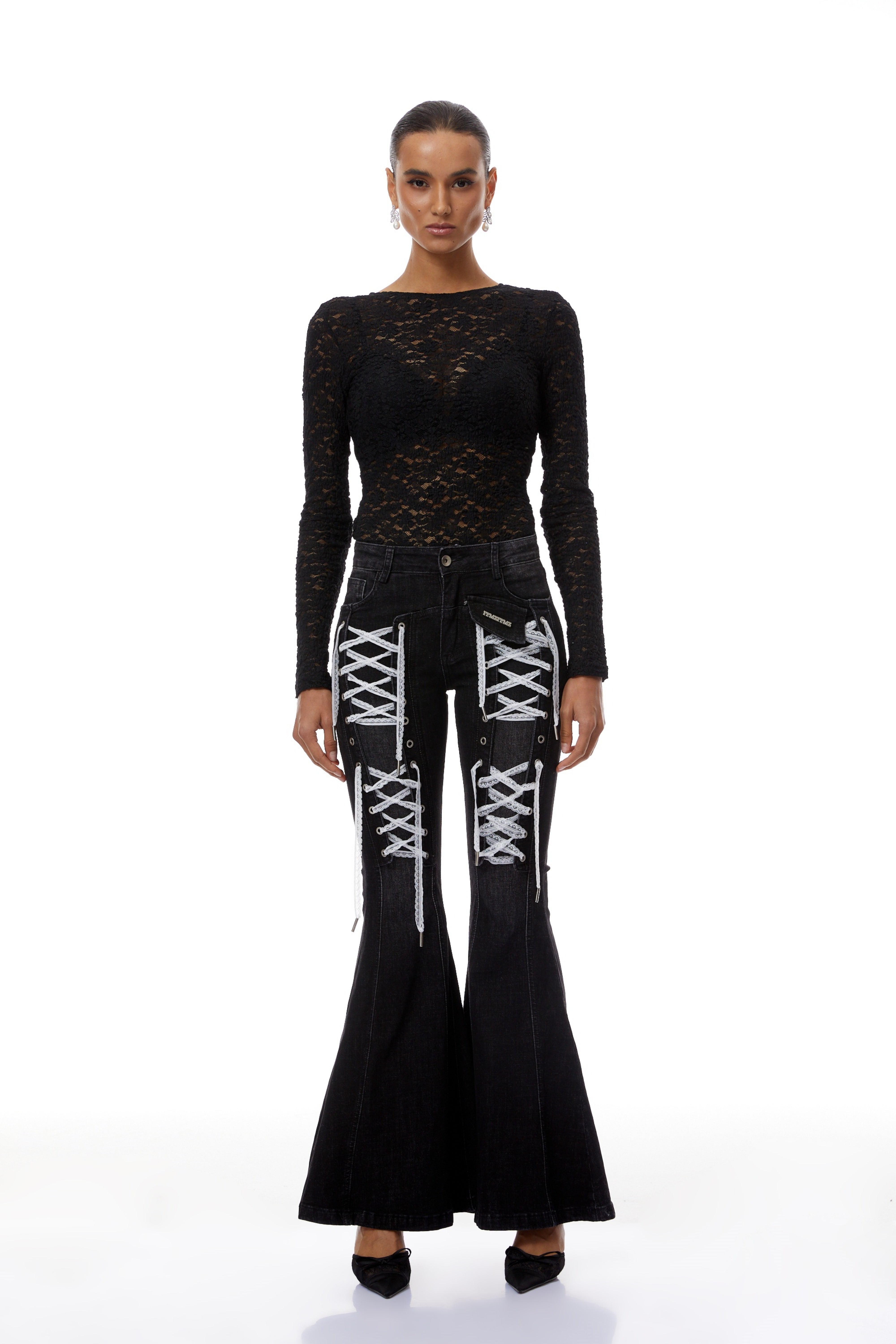Fina Black Lace-up Detail Flared Jeans