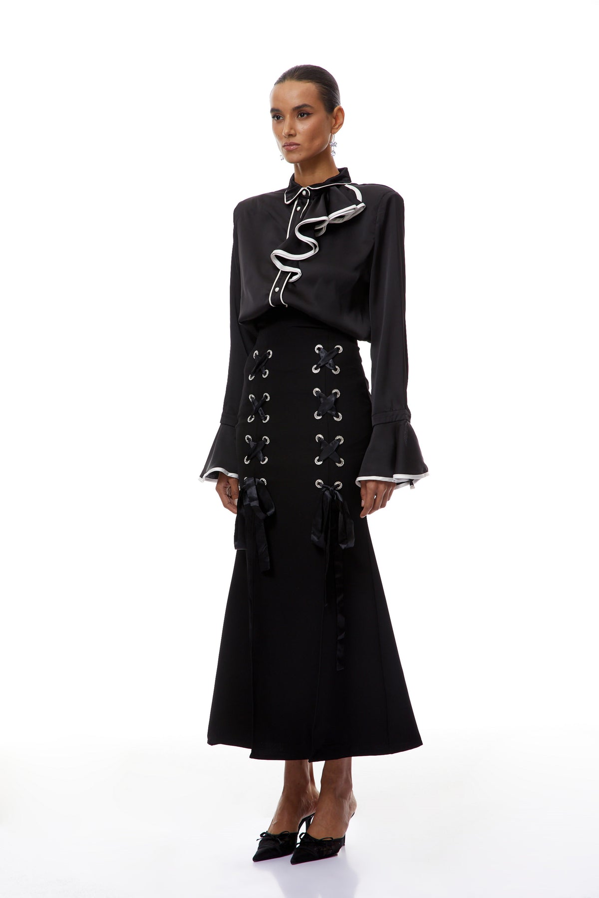 Cornelia Black Ruffled Blouse & Lace Up Skirt Set
