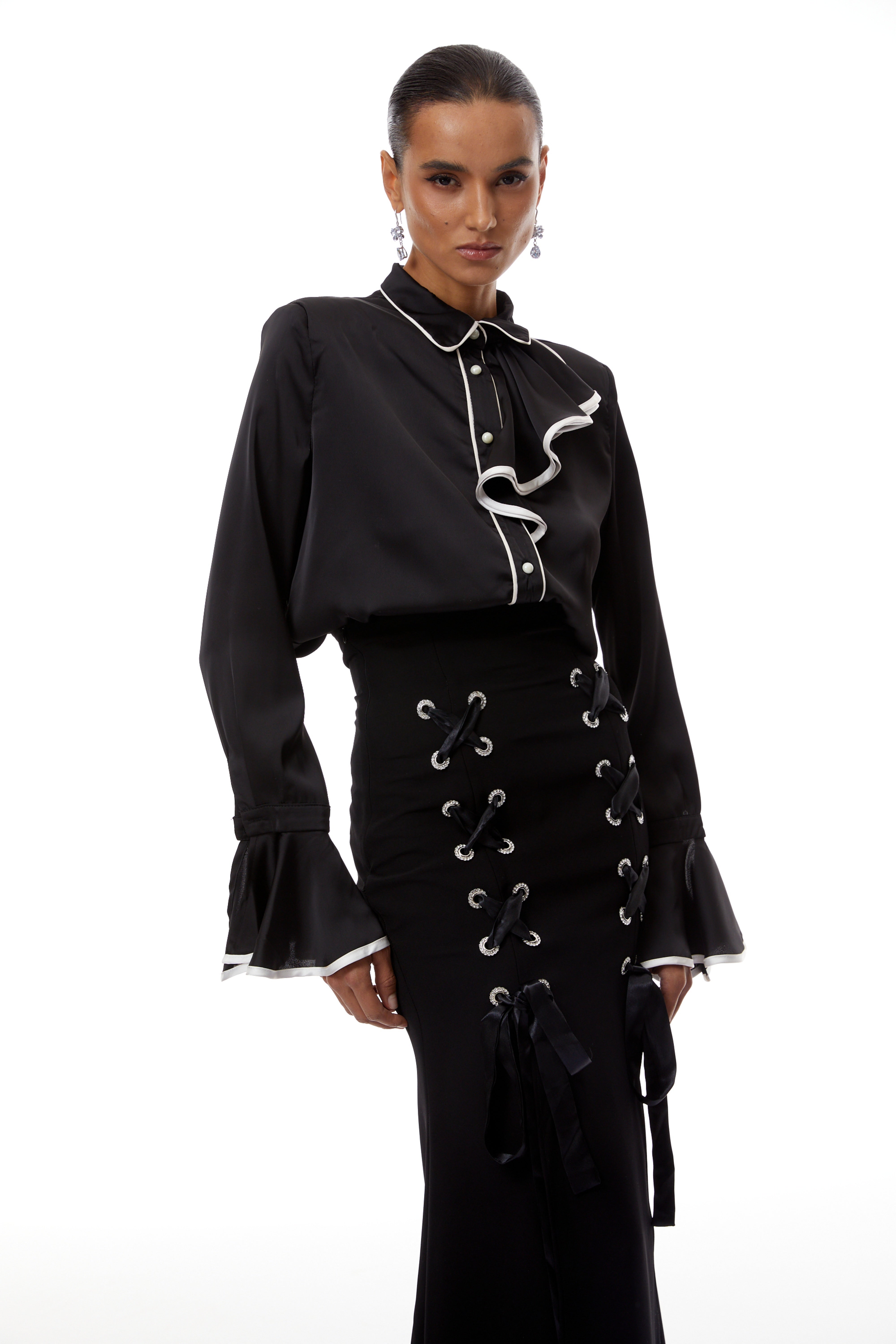Cornelia Black Ruffled Blouse & Lace Up Skirt Set