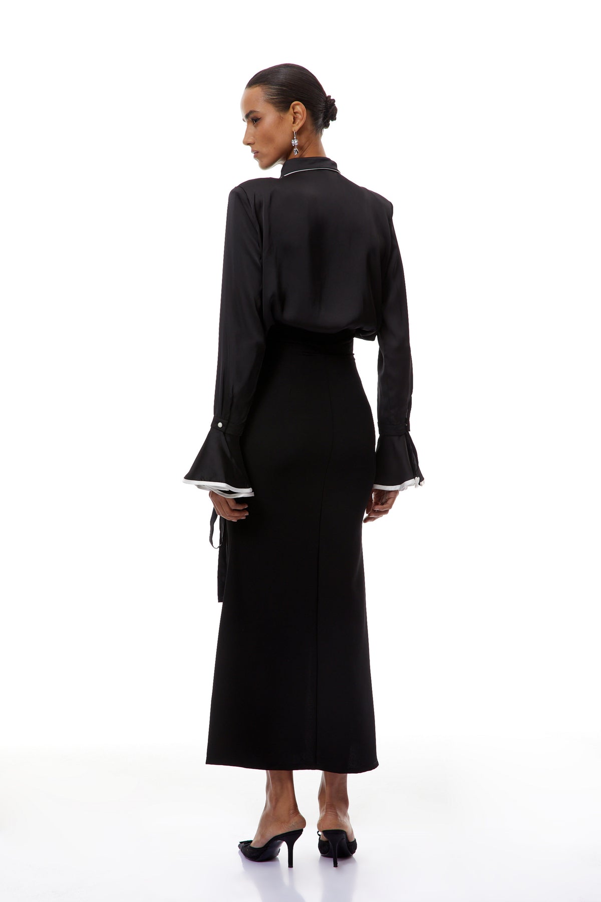 Cornelia Black Ruffled Blouse & Lace Up Skirt Set