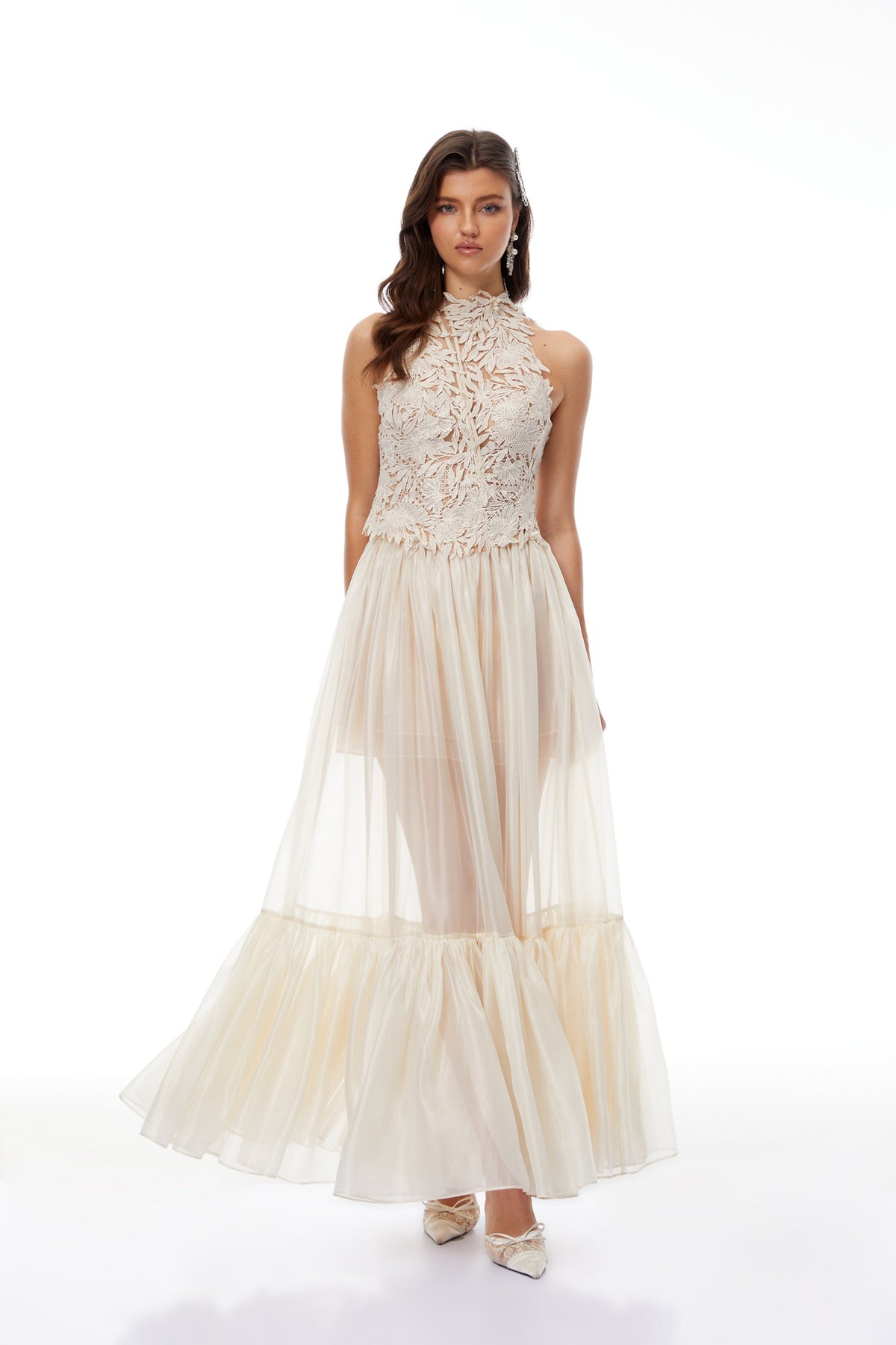 Nevaeh Cream Floral Crochet Top & Tiered Skirt Set