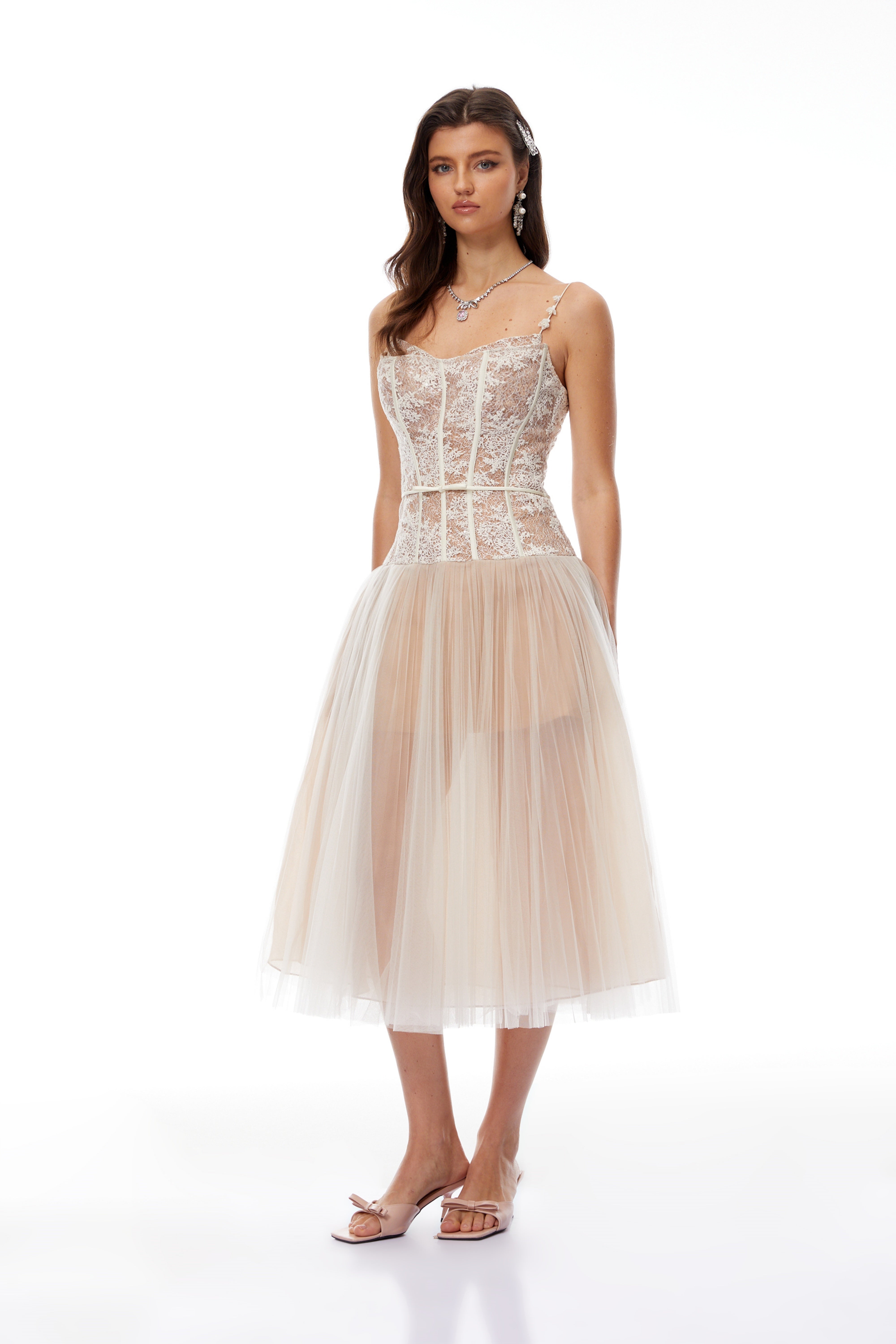 Mira Neutrals Lace Panel Tulle Midi Dress (Final Sale-US Only)