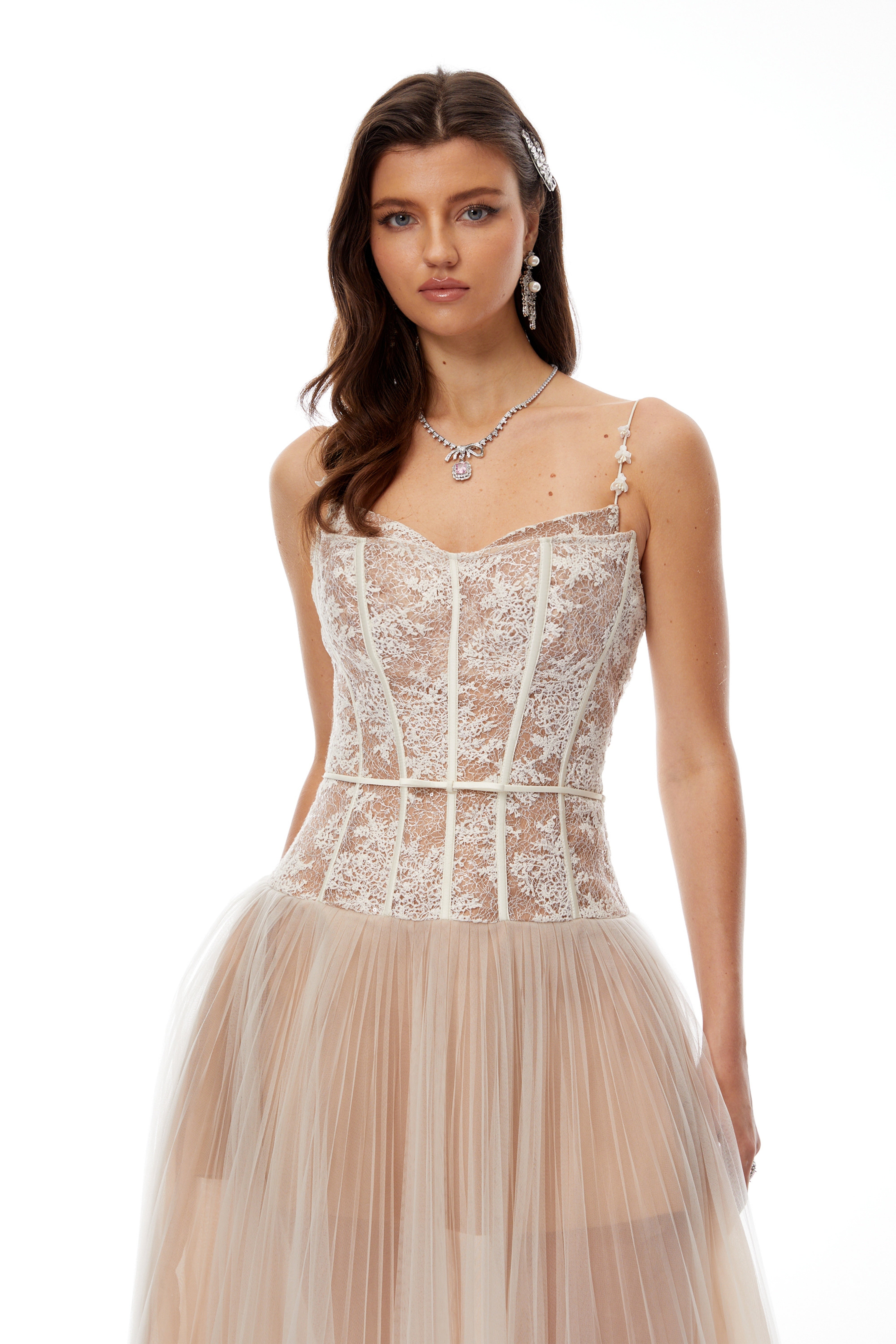 Mira Neutrals Lace Panel Tulle Midi Dress (Final Sale-US Only)
