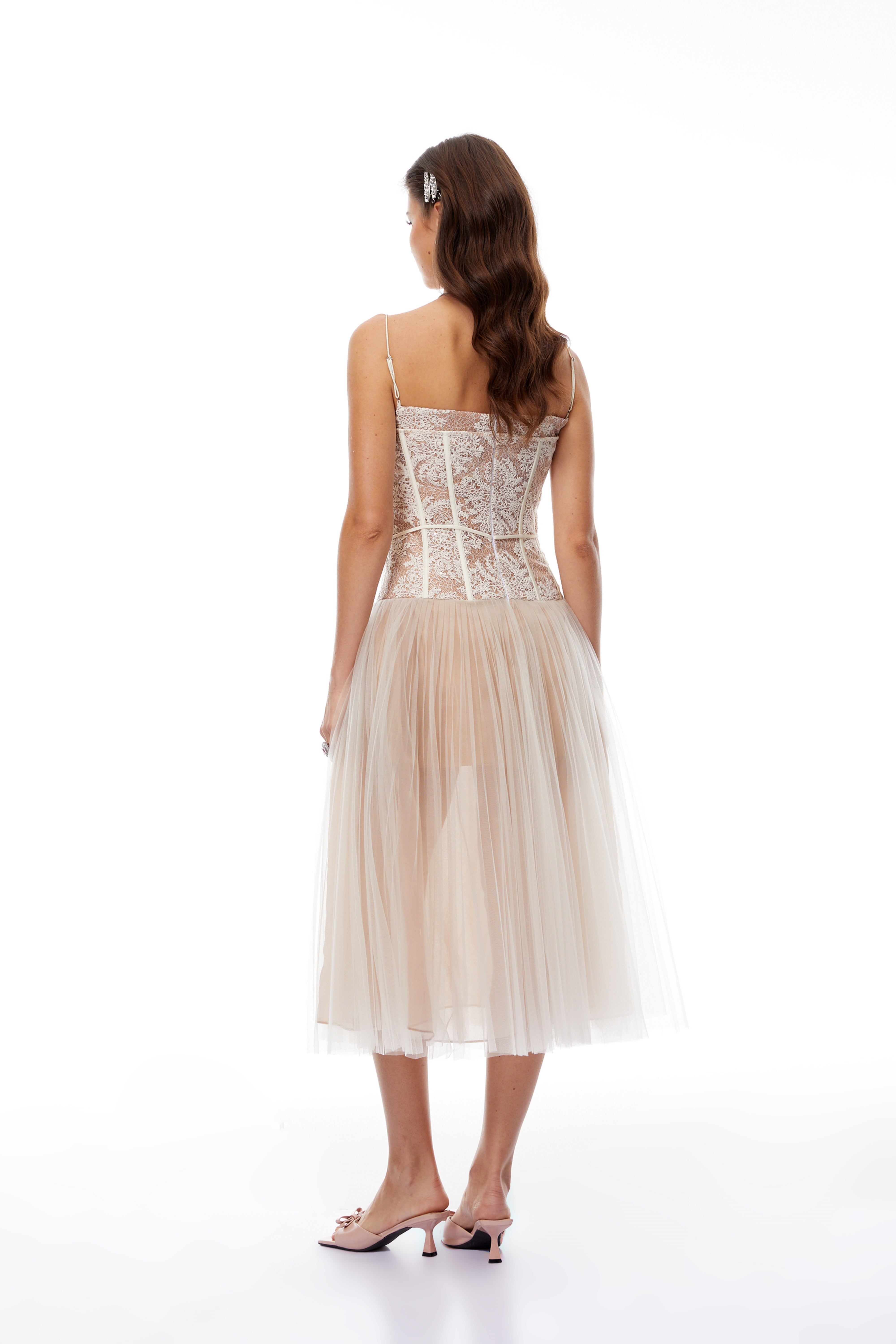 Mira Neutrals Lace Panel Tulle Midi Dress (Final Sale-US Only)
