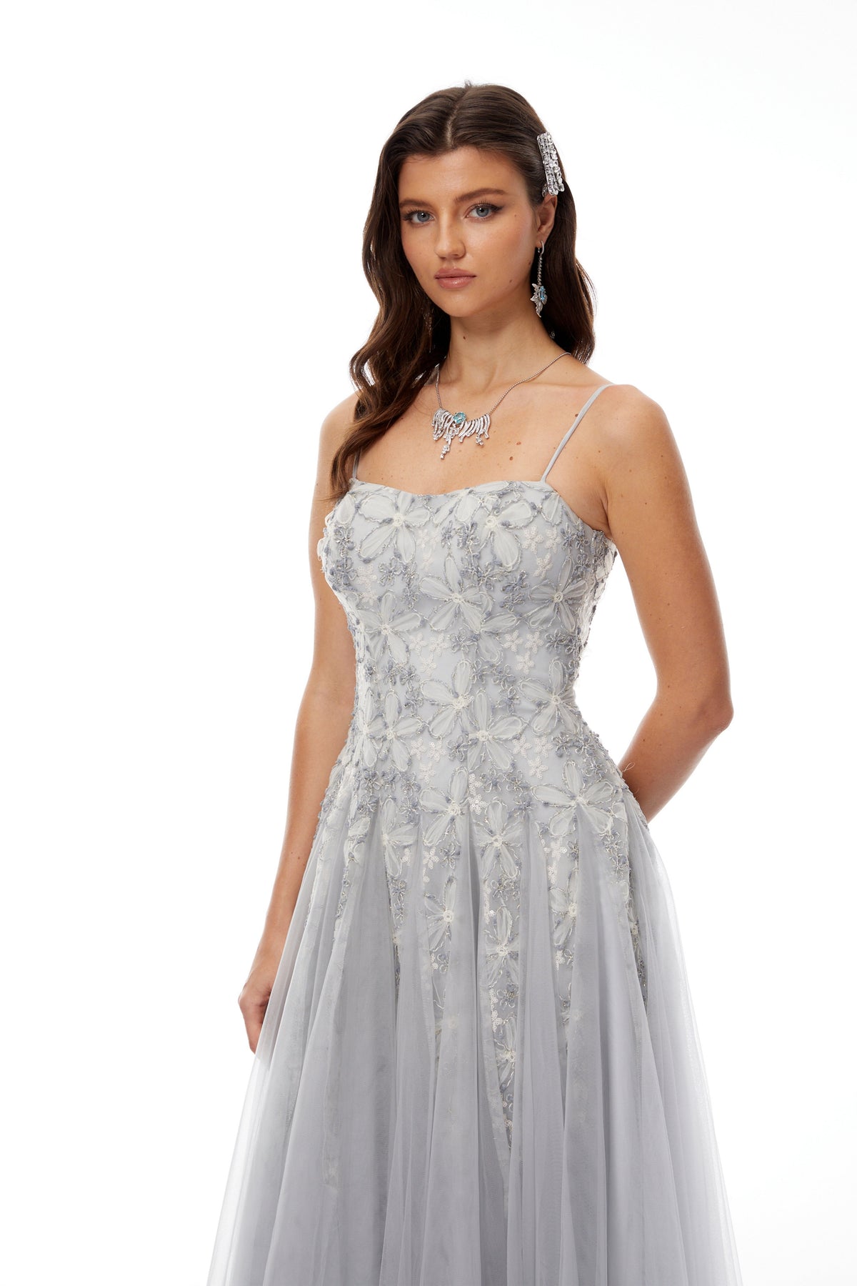 Adalynn Blue Floral Embroidered Tulle Maxi Dress