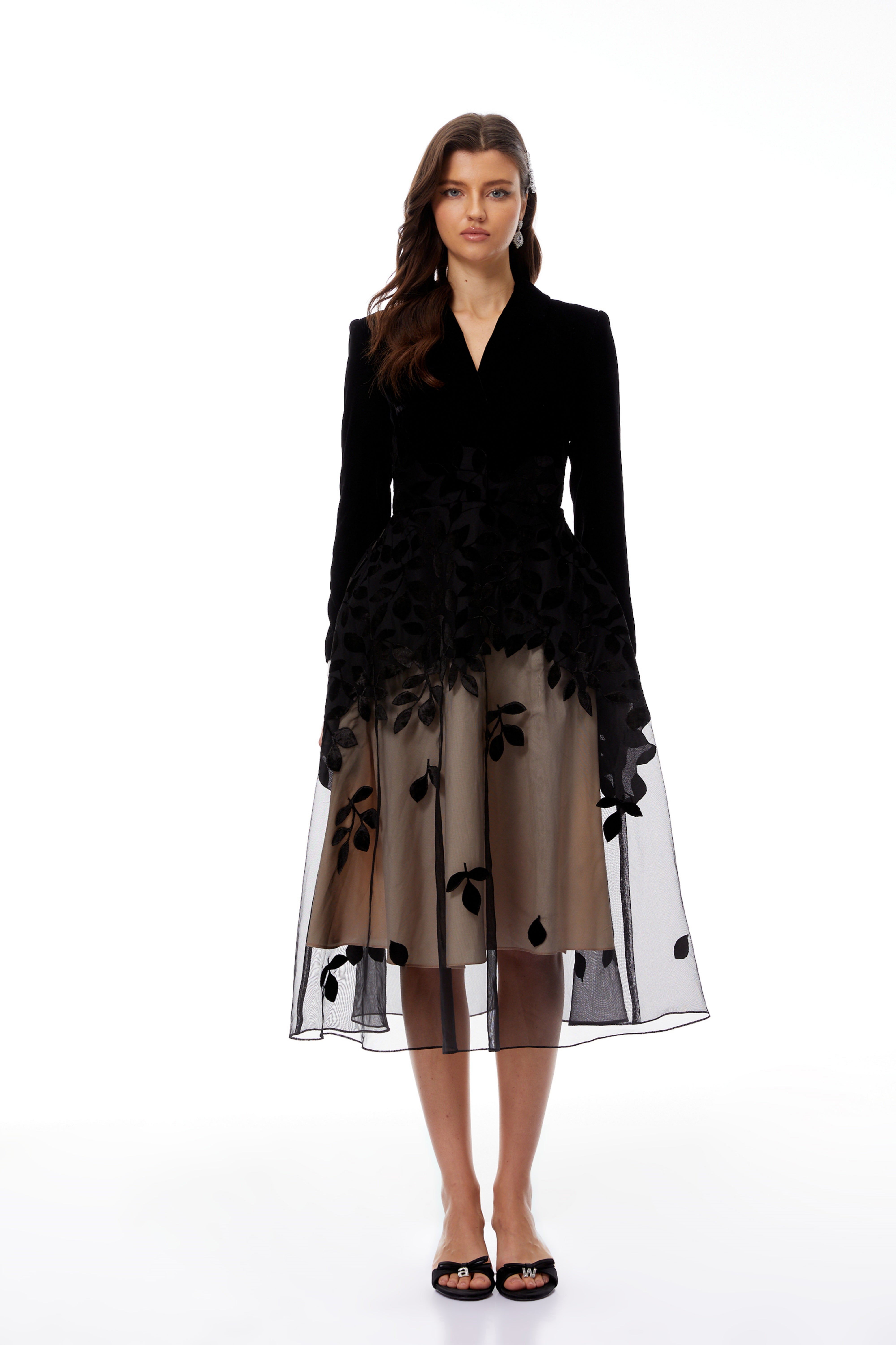 Brielle Black Leaf Embroidered Velvet Midi Dress (Final Sale-US Only)