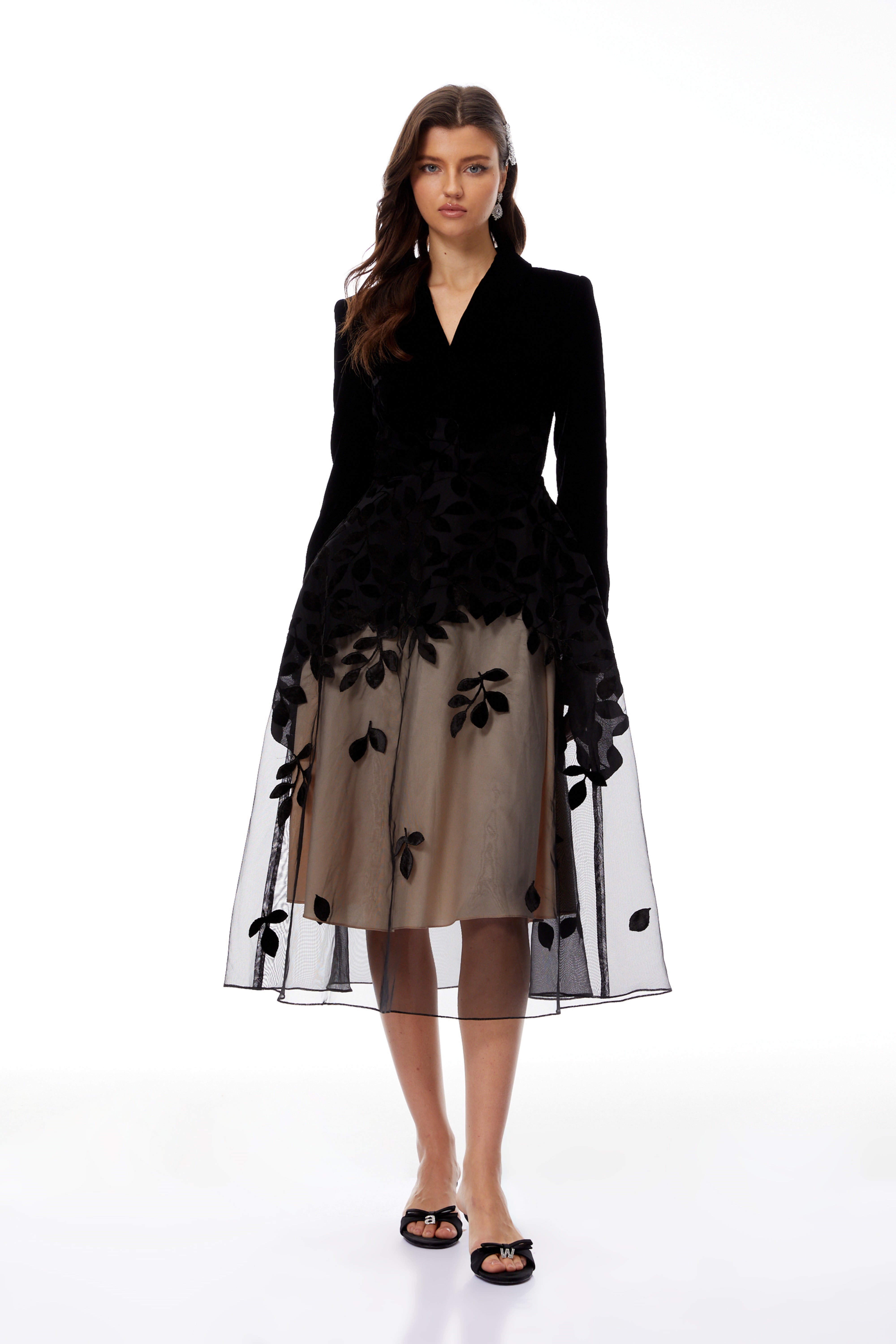 Brielle Black Leaf Embroidered Velvet Midi Dress (Final Sale-US Only)