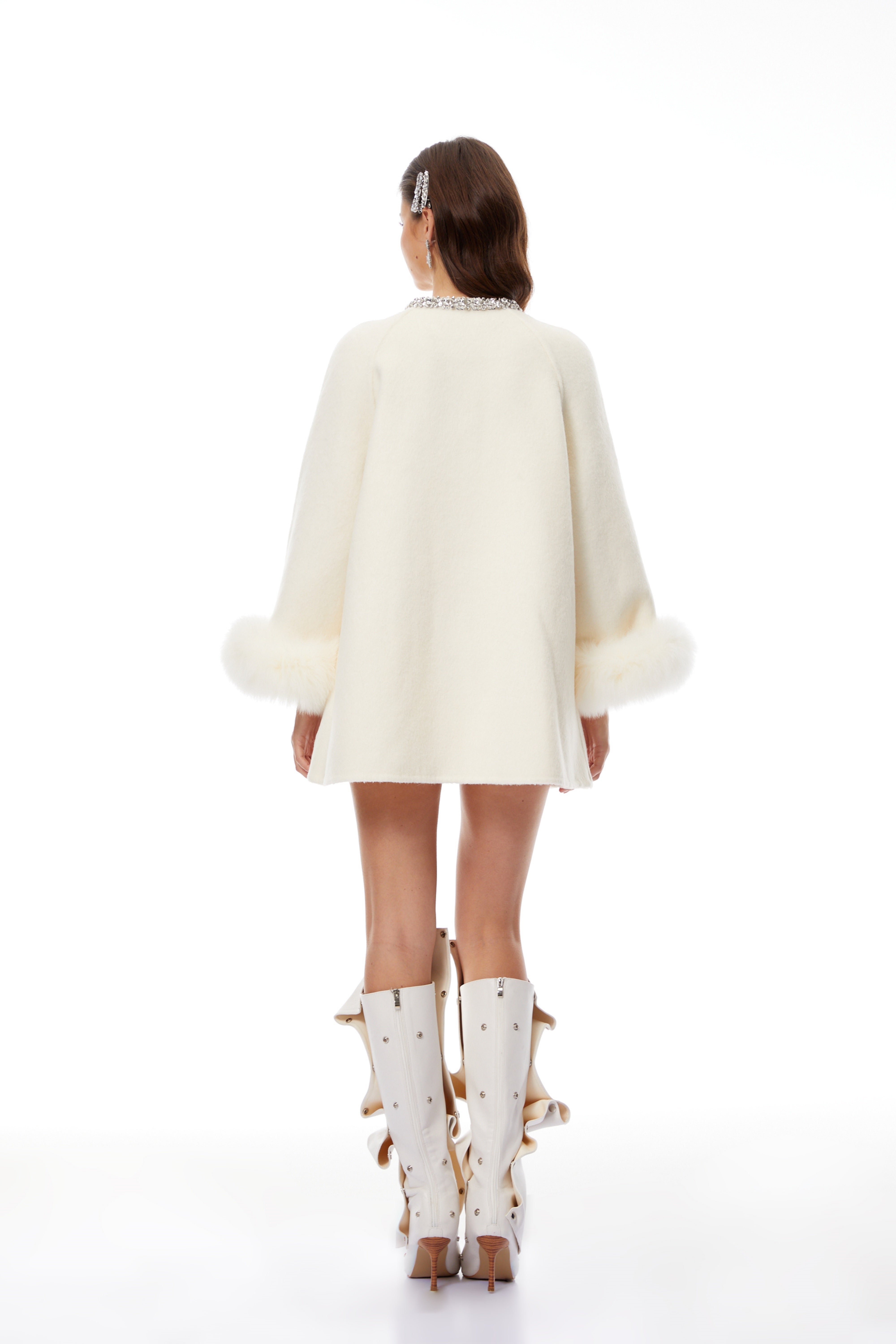 Emersyn White Fur Trim Embellished Wool Coat