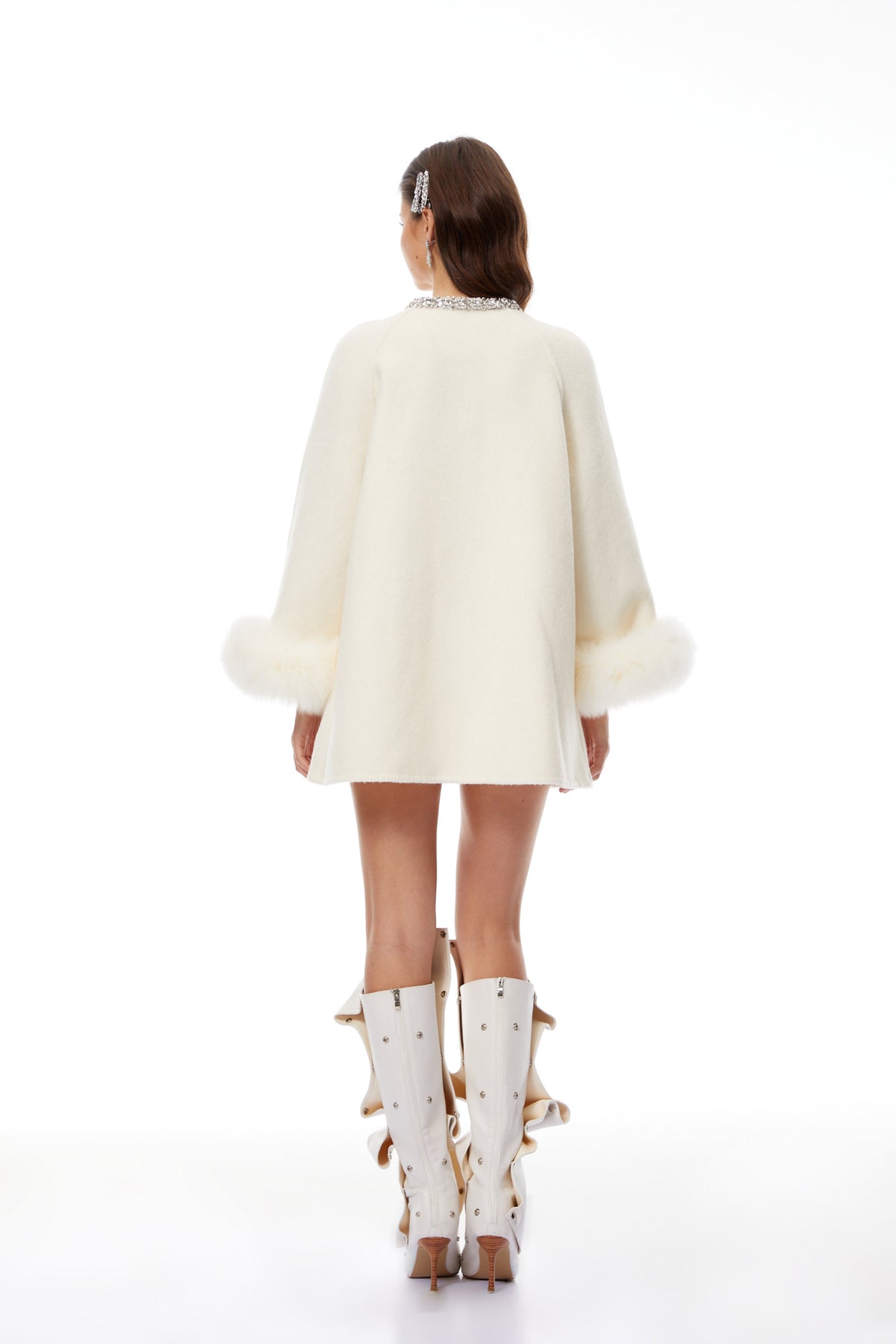 Emersyn White Fur Trim Embellished Wool Coat