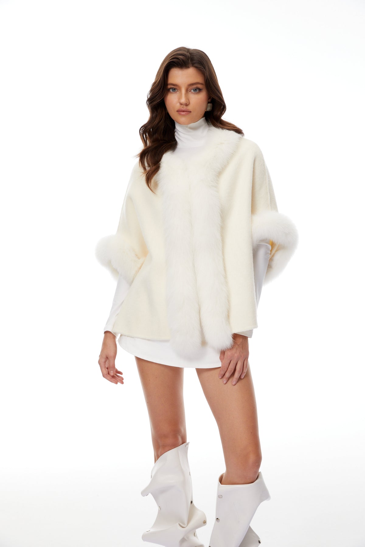 Everleigh White Fur Panel Wool Cape Coat