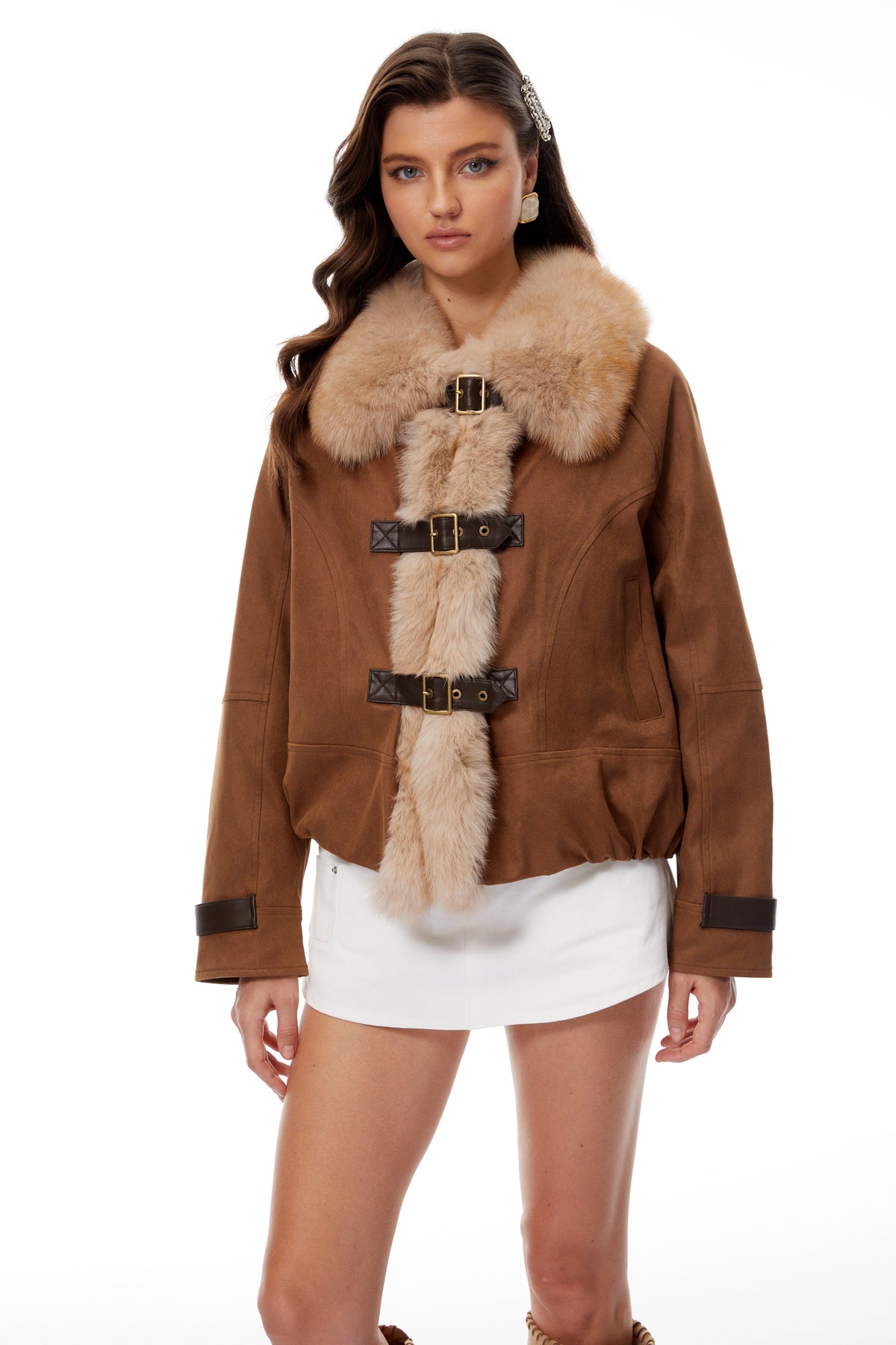 Sloane Camel Brown Fur Panel Padded Jacket