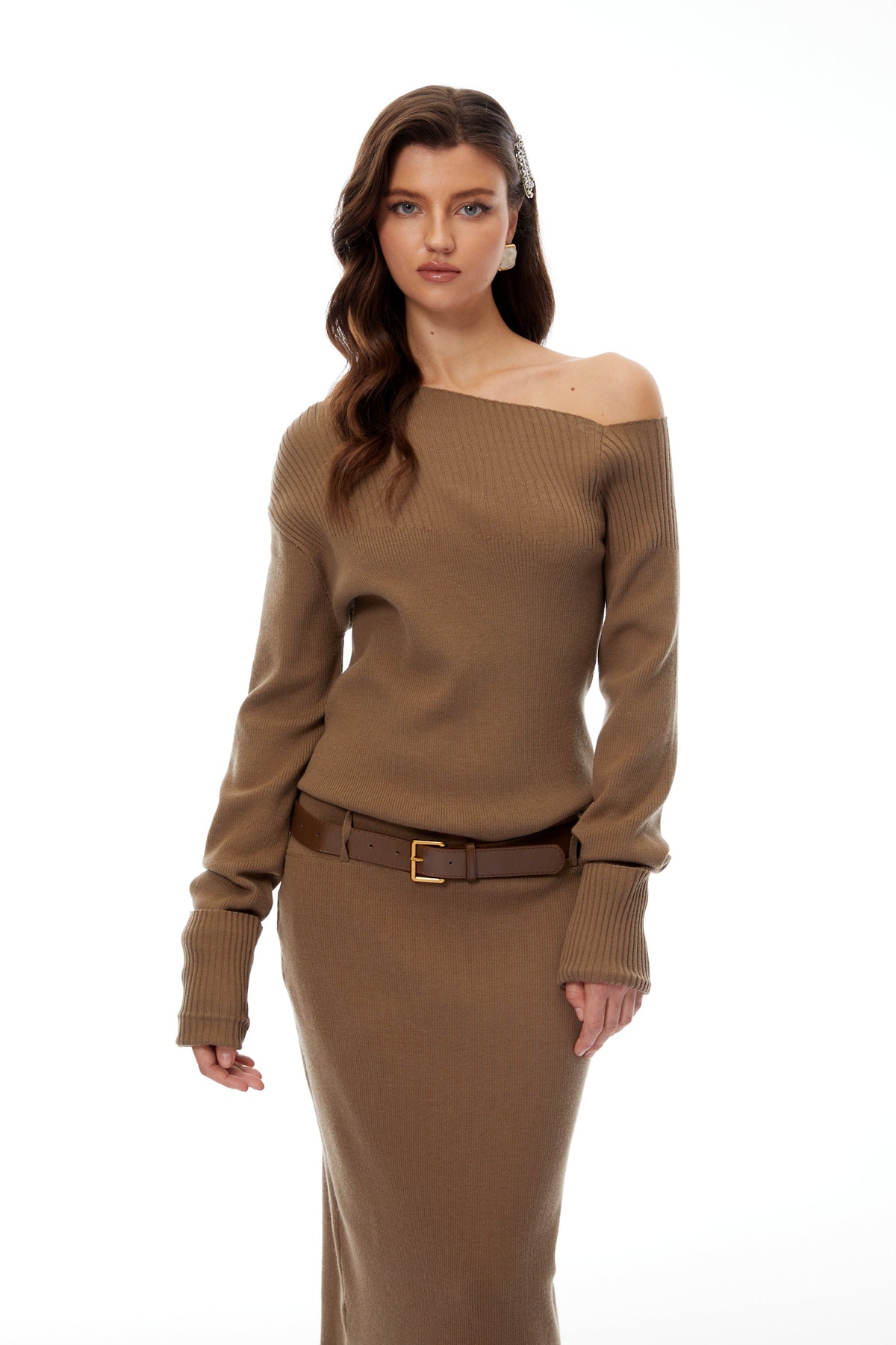 Amélie Brown Ribbed Knit Blouse & Skirt Set