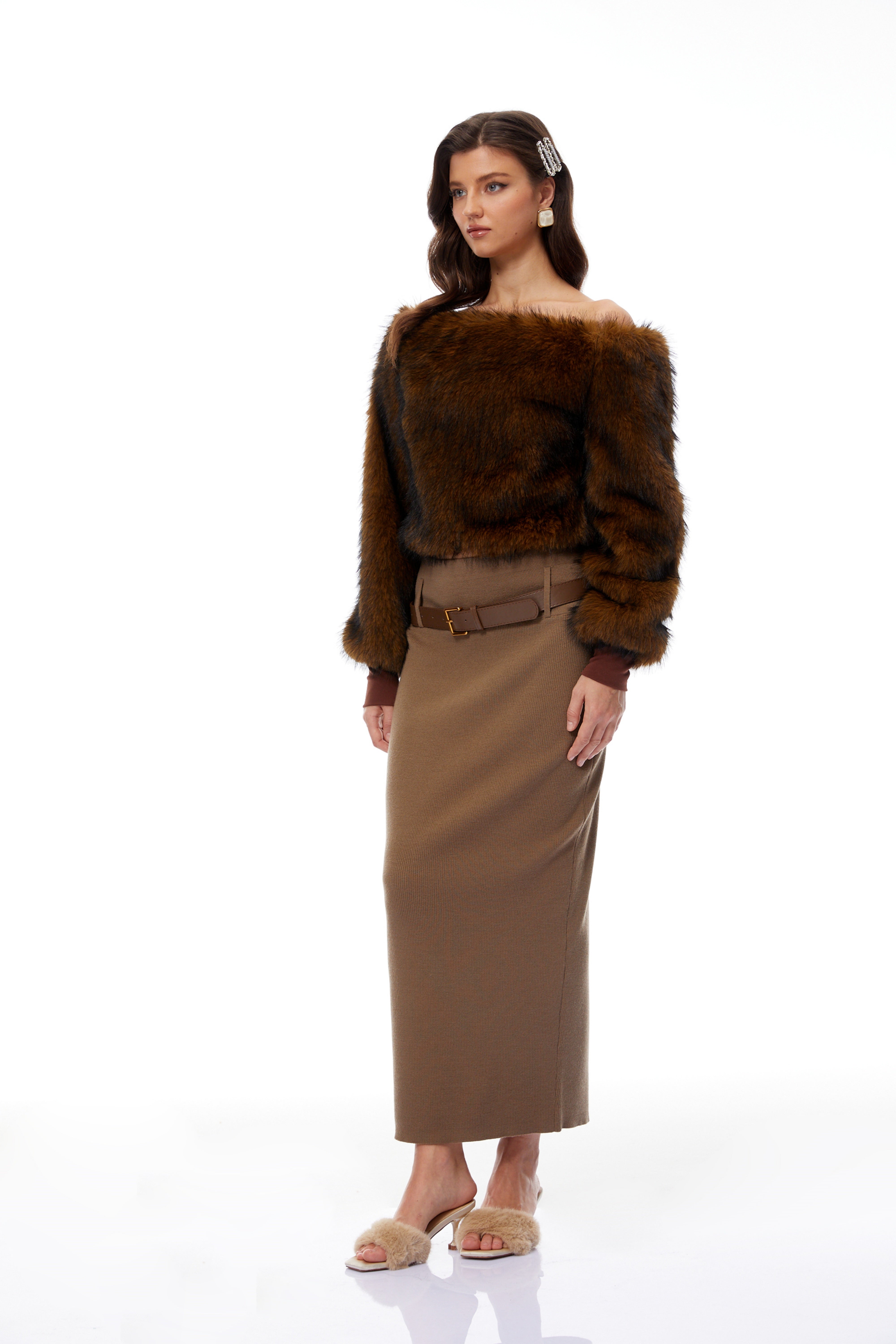 Sergia Brown One Shoulder Faux Fur Blouse