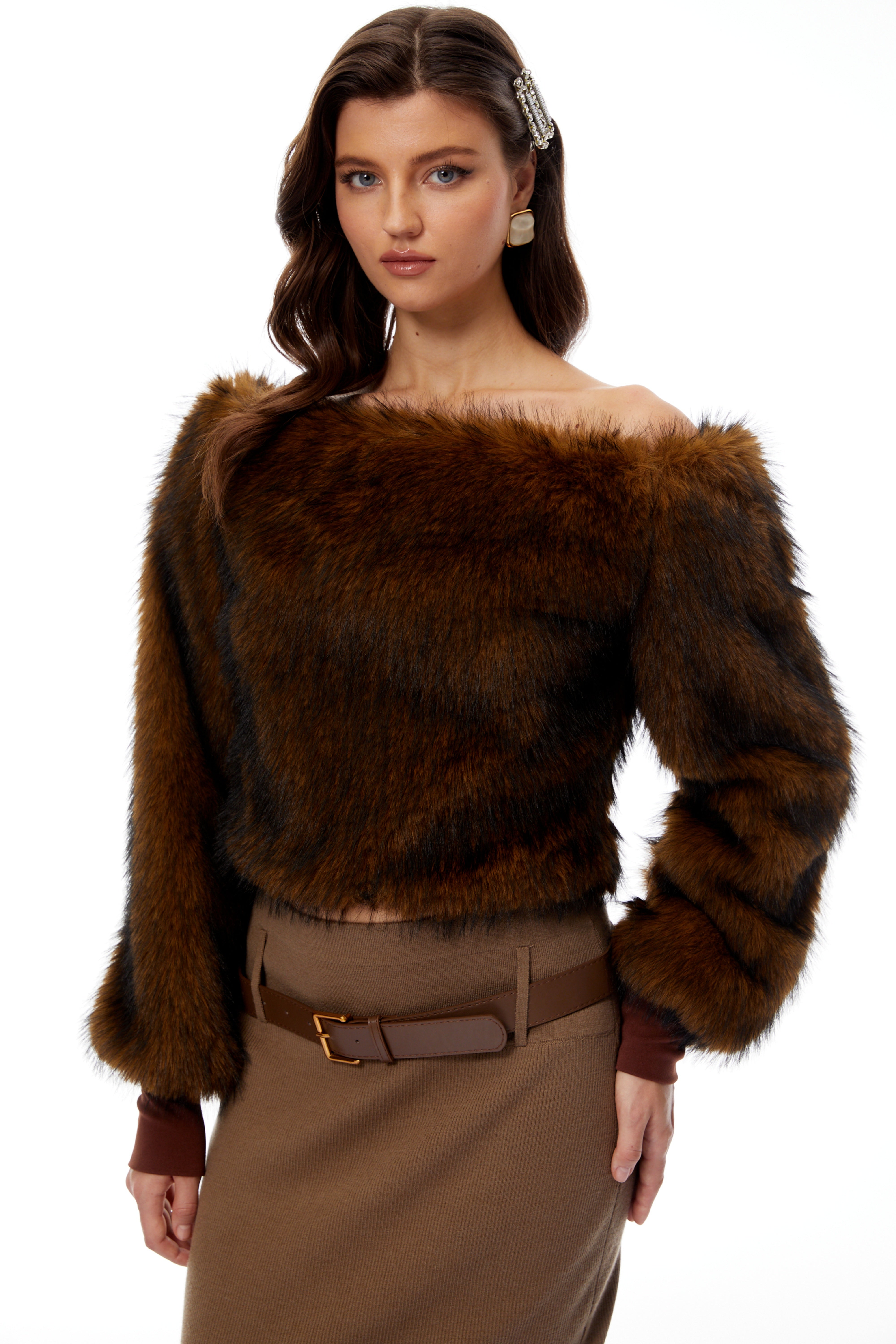 Sergia Brown One Shoulder Faux Fur Blouse