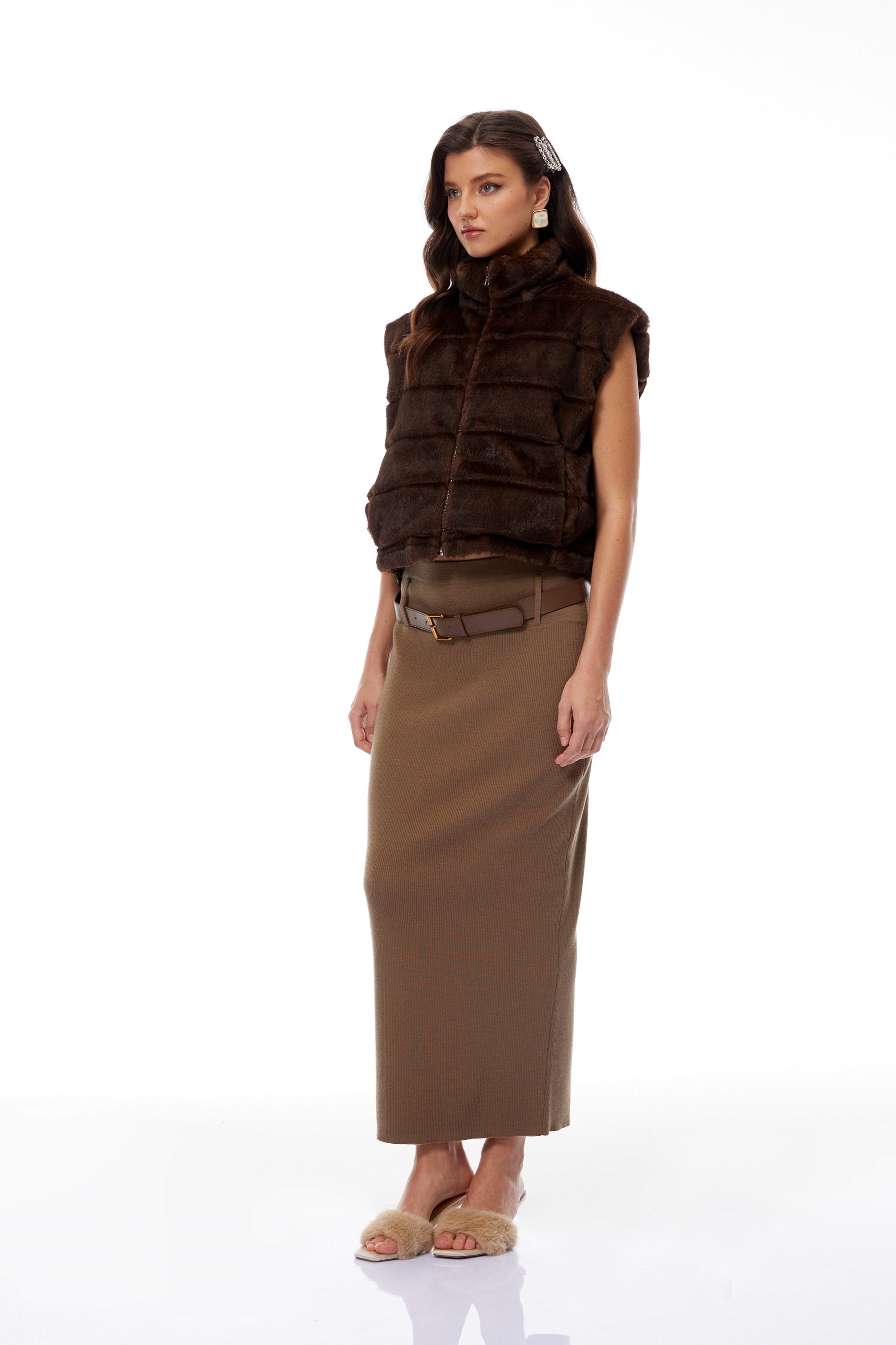 Lizica Brown Faux Fur Padded Gilet