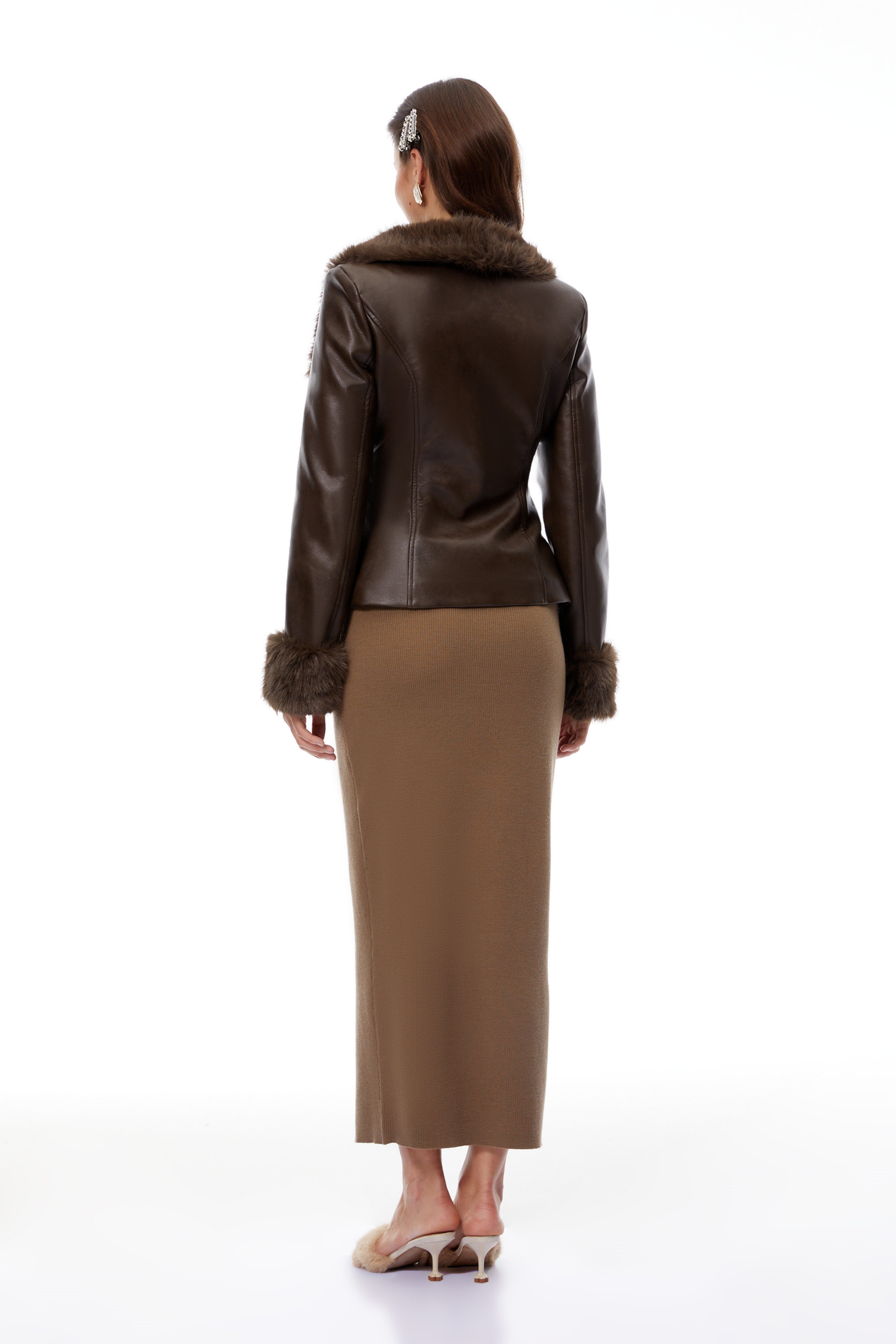 Oakley Brown Fur Panel Leather Biker Jacket