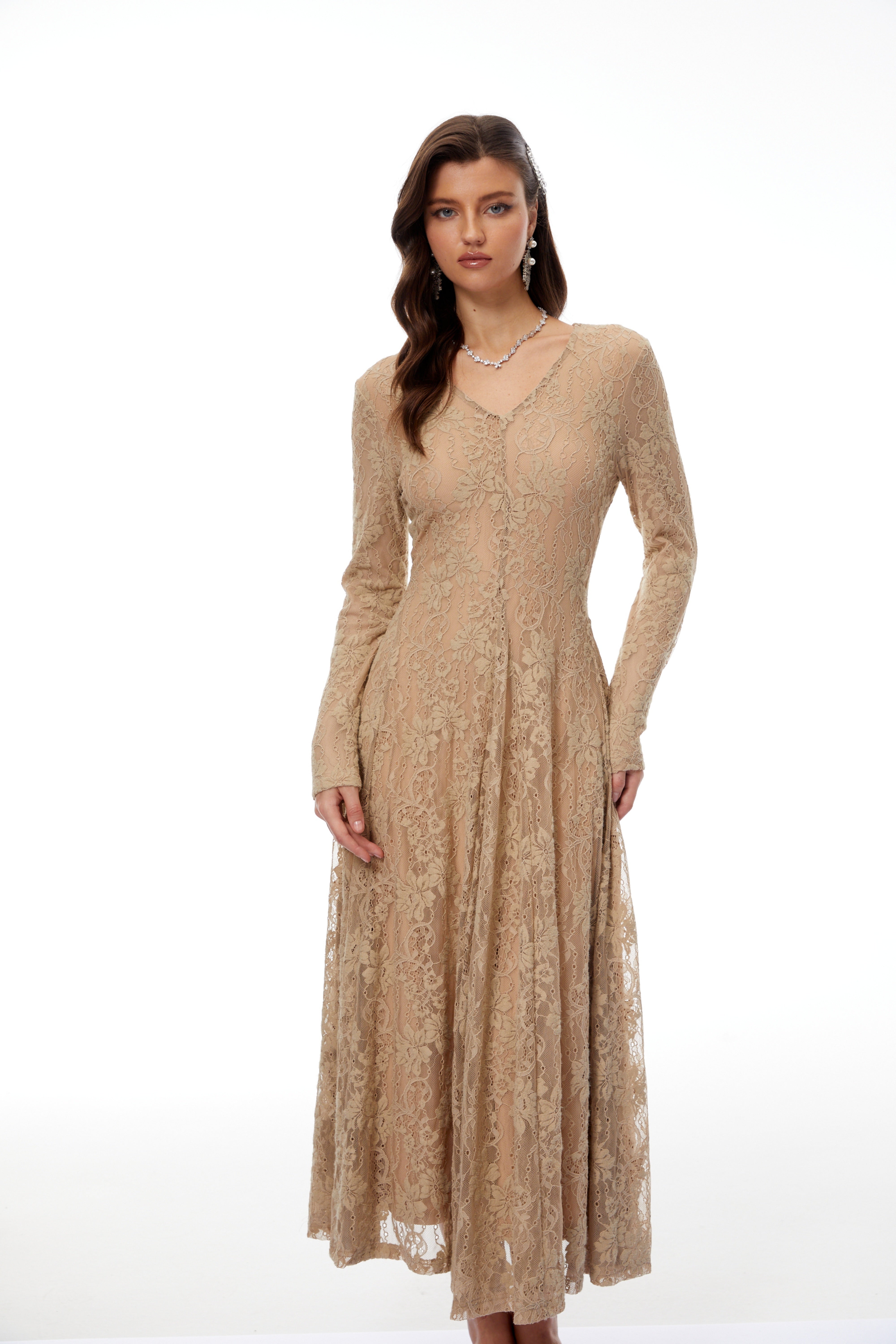 Fernanda Neutral Floral Lace Midi Dress