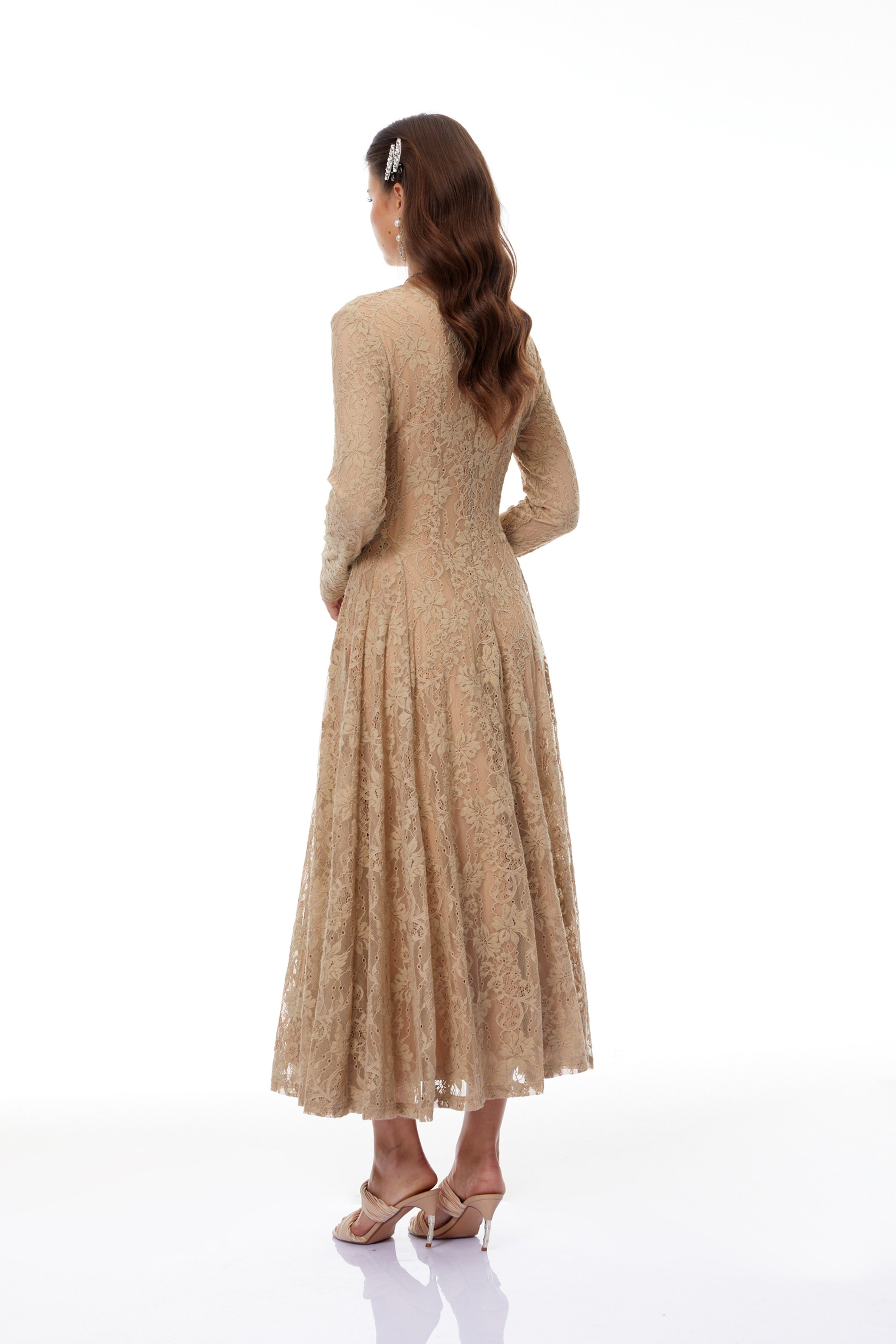 Fernanda Neutral Floral Lace Midi Dress (Final Sale)