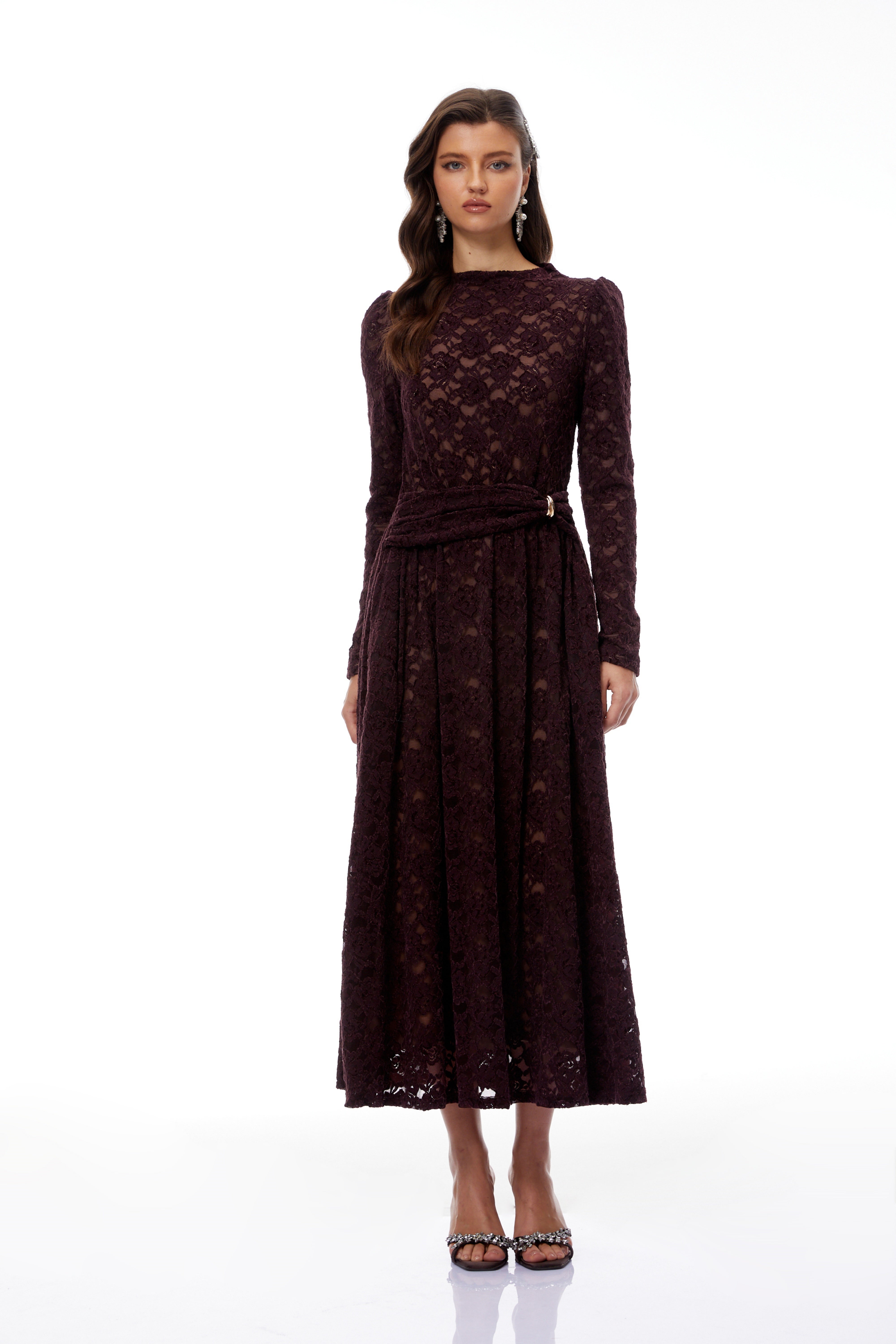 Ricardo Burgundy Chenille Lace Midi Dress