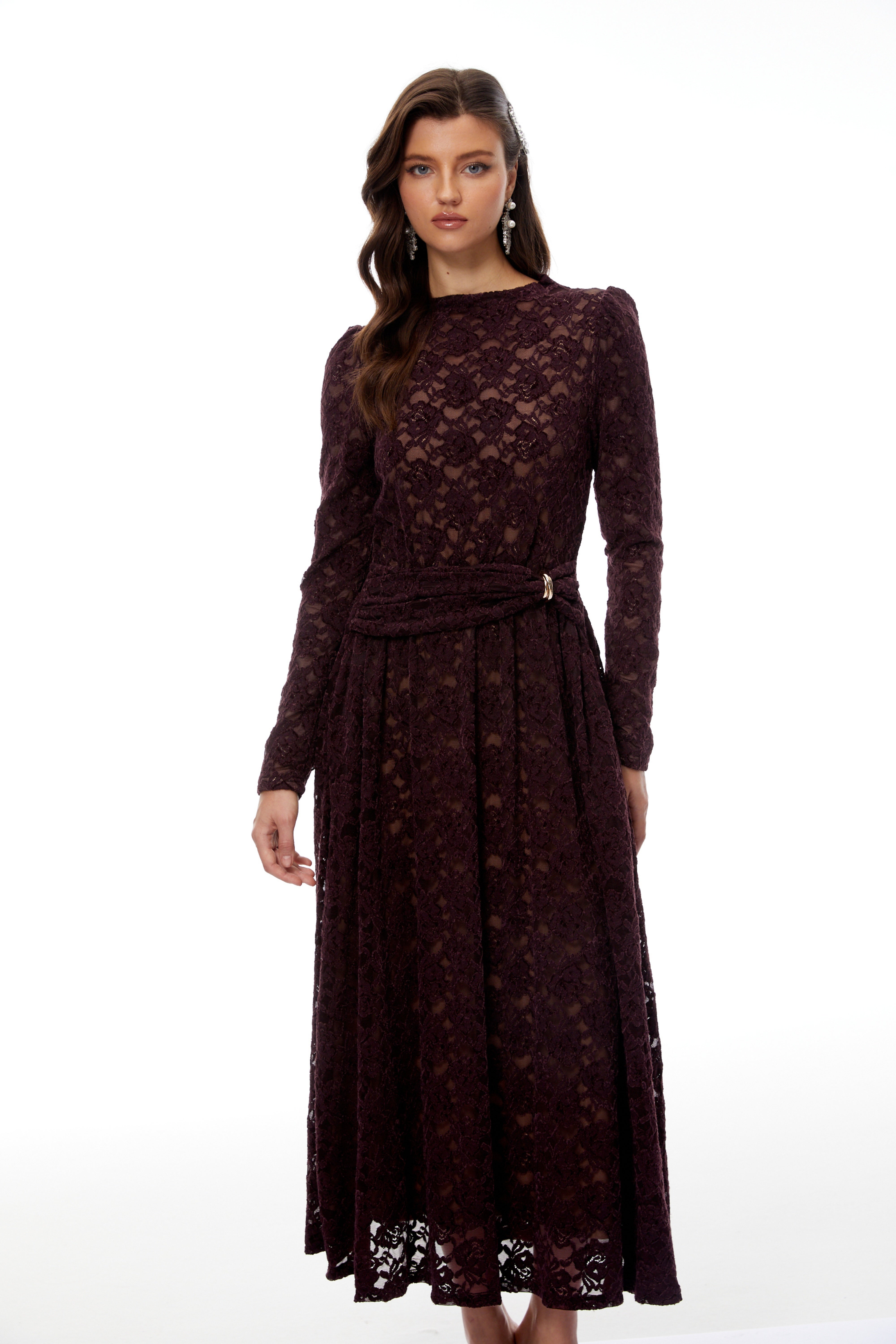 Ricardo Burgundy Chenille Lace Midi Dress