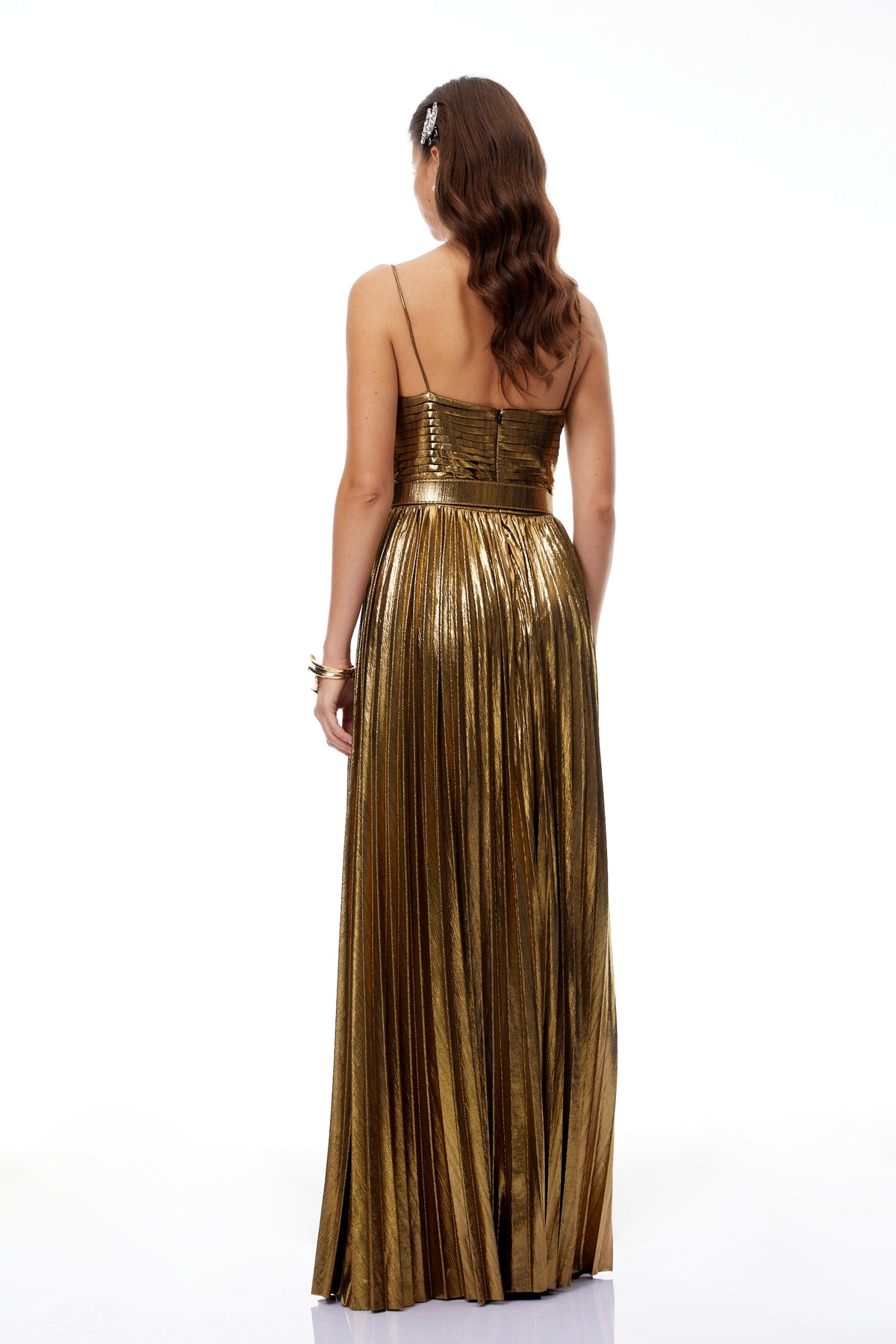 Calliope Gold Glossy Pleated Maxi Dress