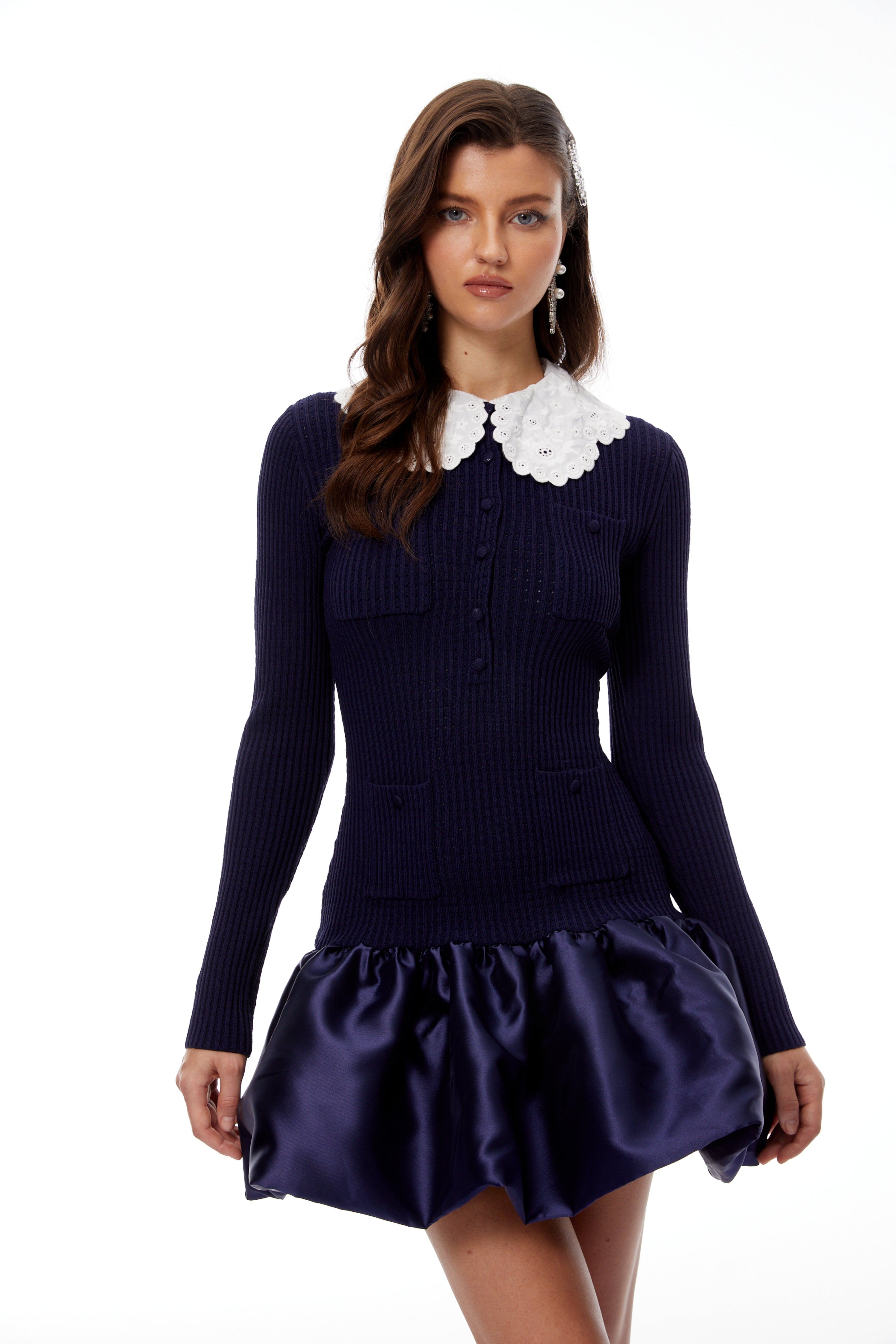 Aroa Navy Blue Satin Panel Knit Mini Dress (Final Sale-US Only)