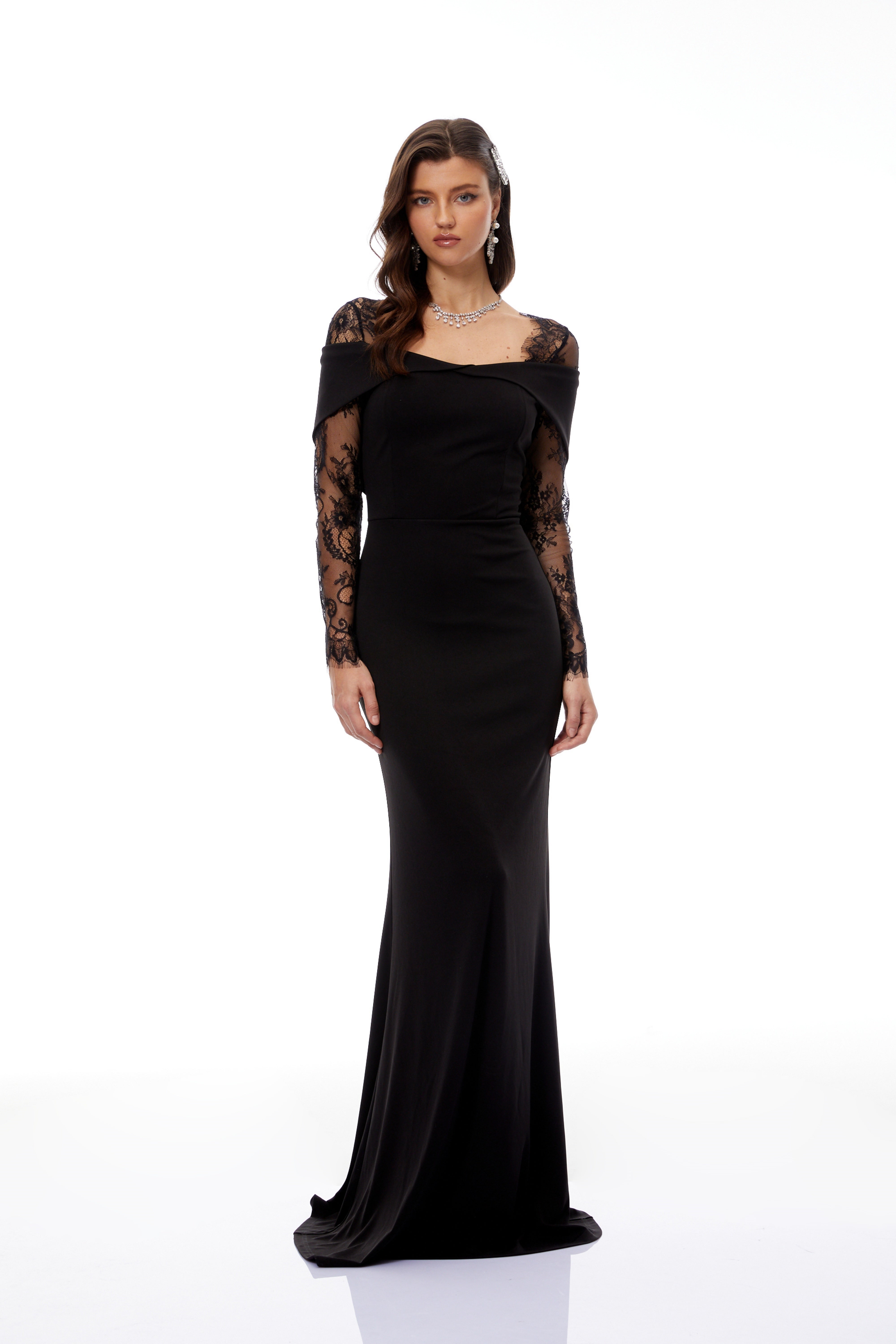 Georgiana Black Lace Panel Flared Maxi Gown (Final Sale-US Only)