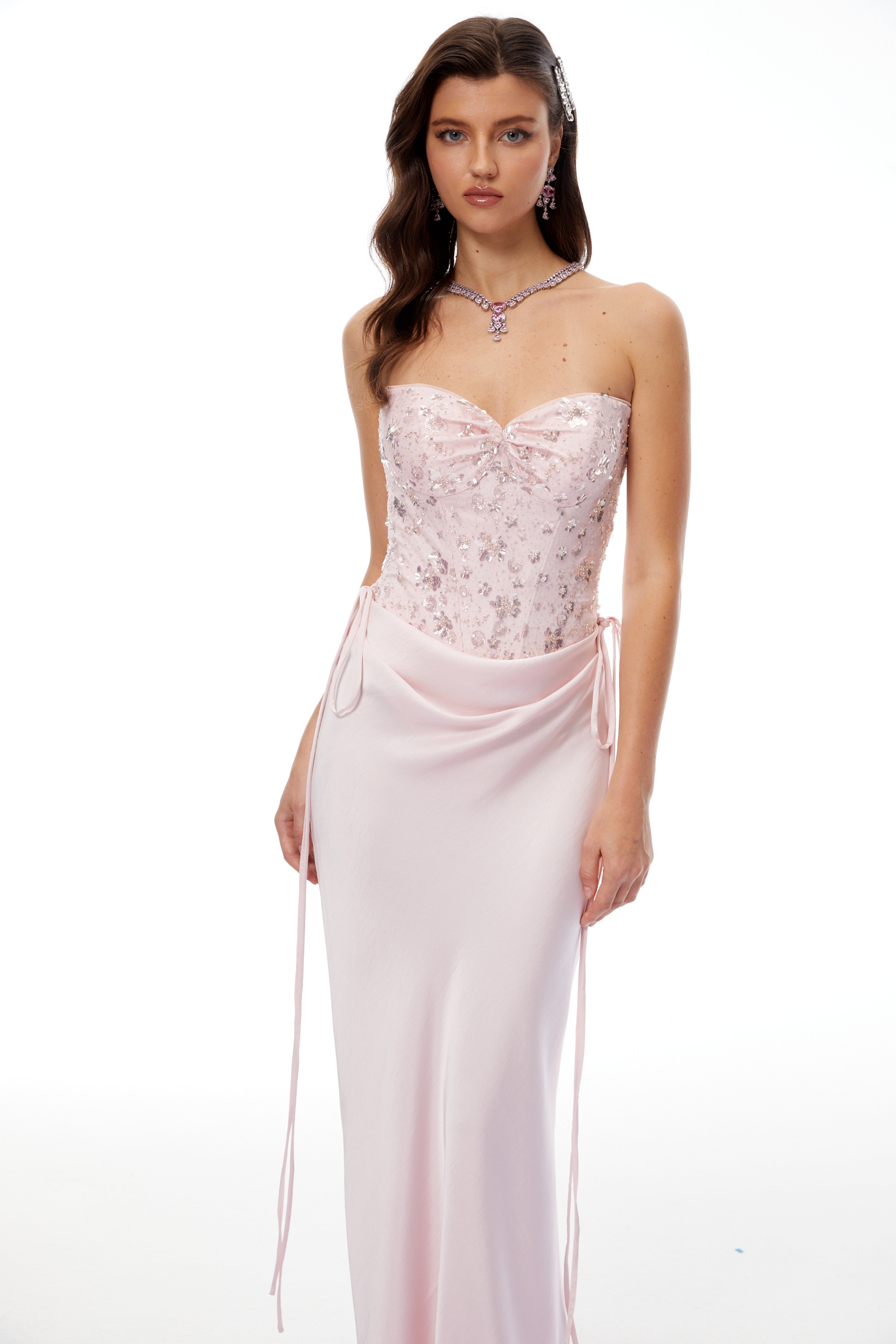 Teodora Pink Corseted Bodysuit & Satin Skirt Set