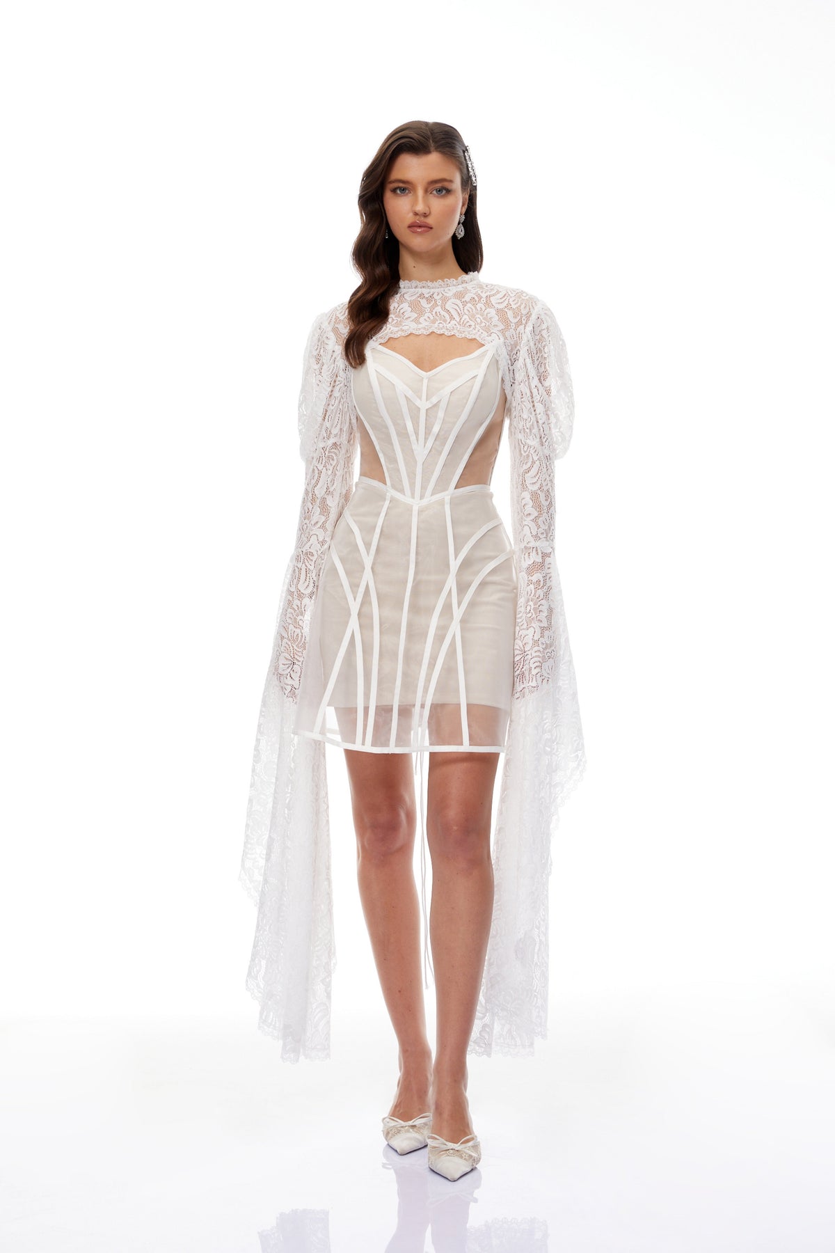 Ilaria White Lace Shrug & Linear Organza Dress Set (Final Sale-US Only)