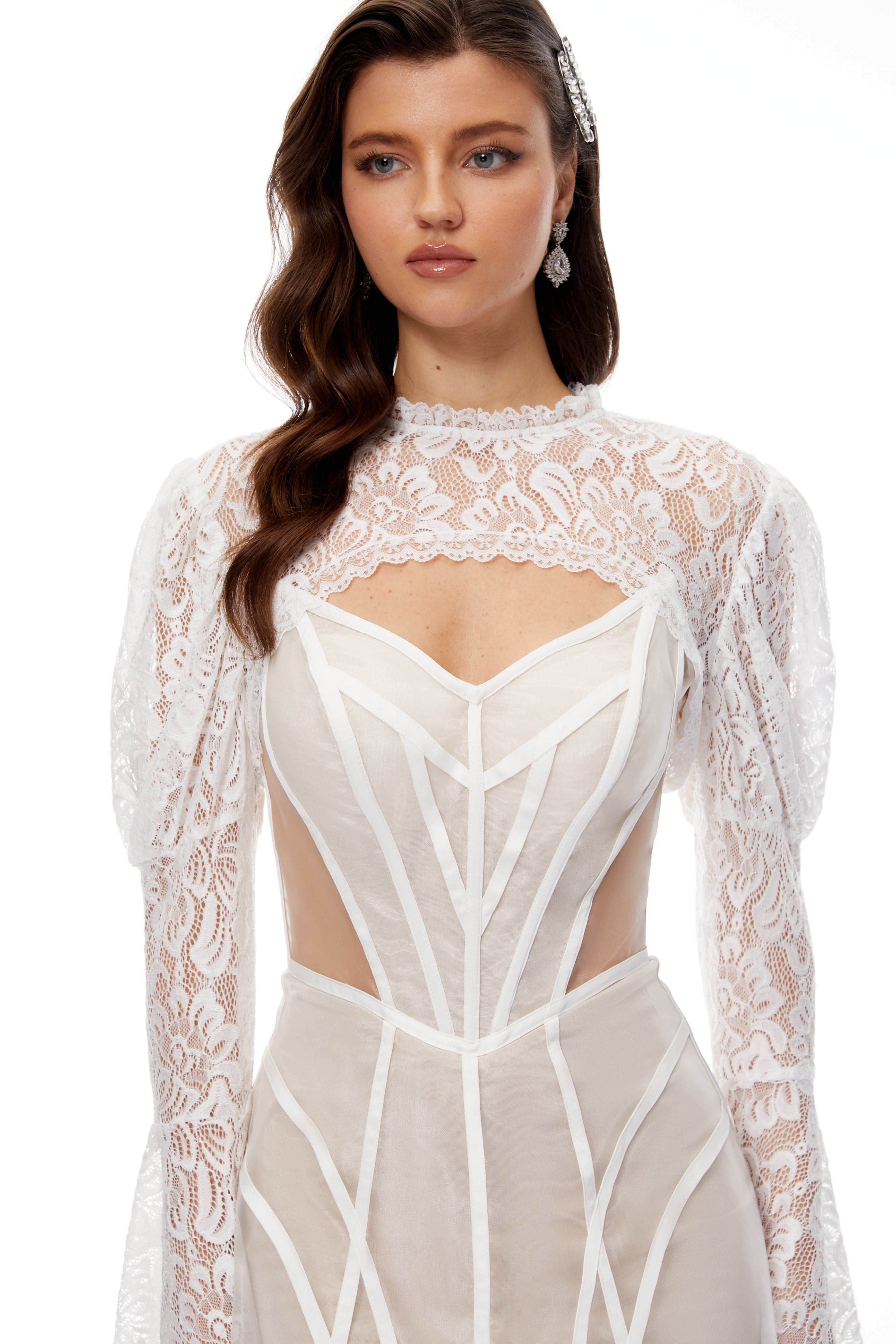 Ilaria White Lace Shrug & Linear Organza Dress Set (Final Sale-US Only)