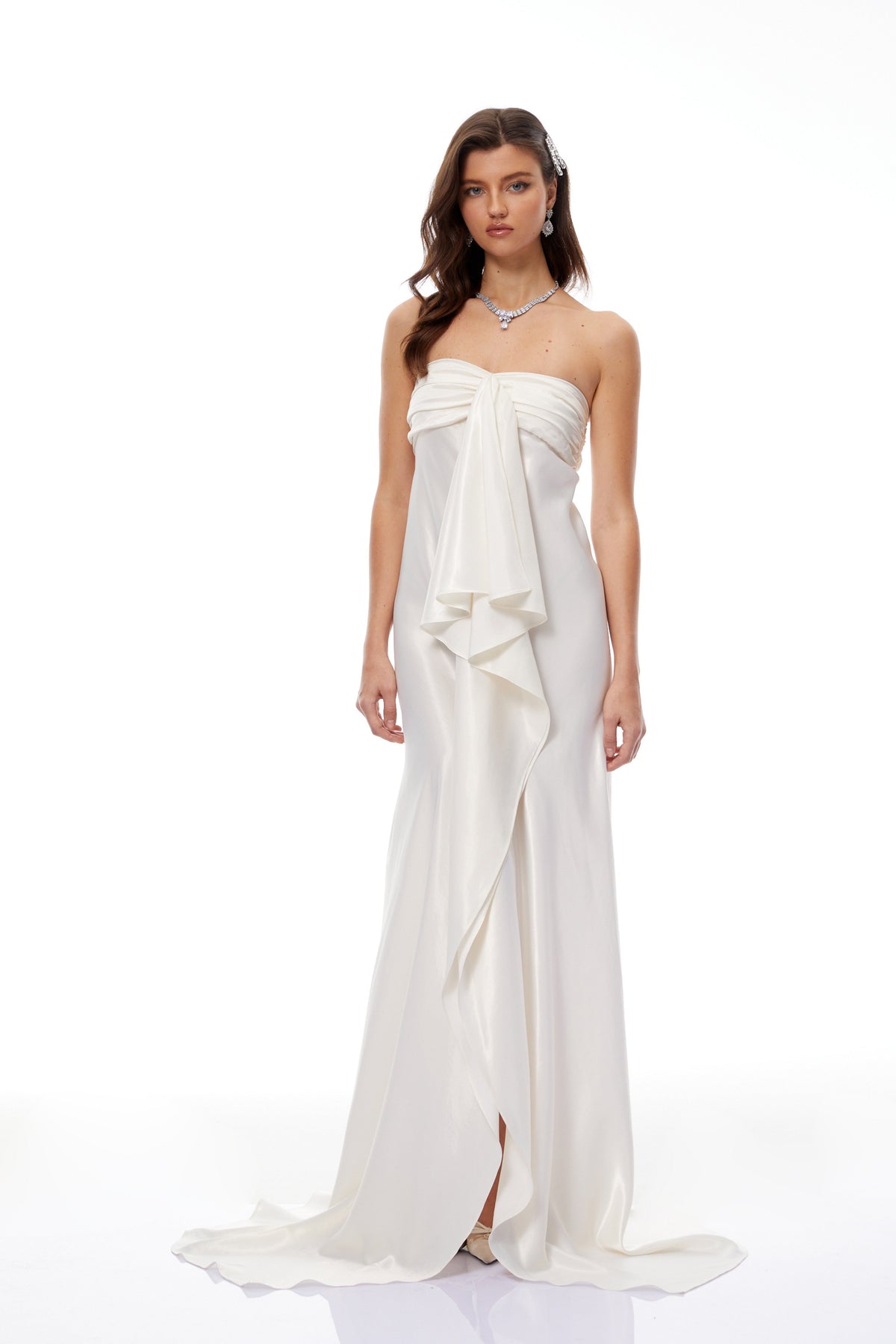 Lilla Beige Strapless Ruffled Satin Maxi Dress (Final Sale-US Only)