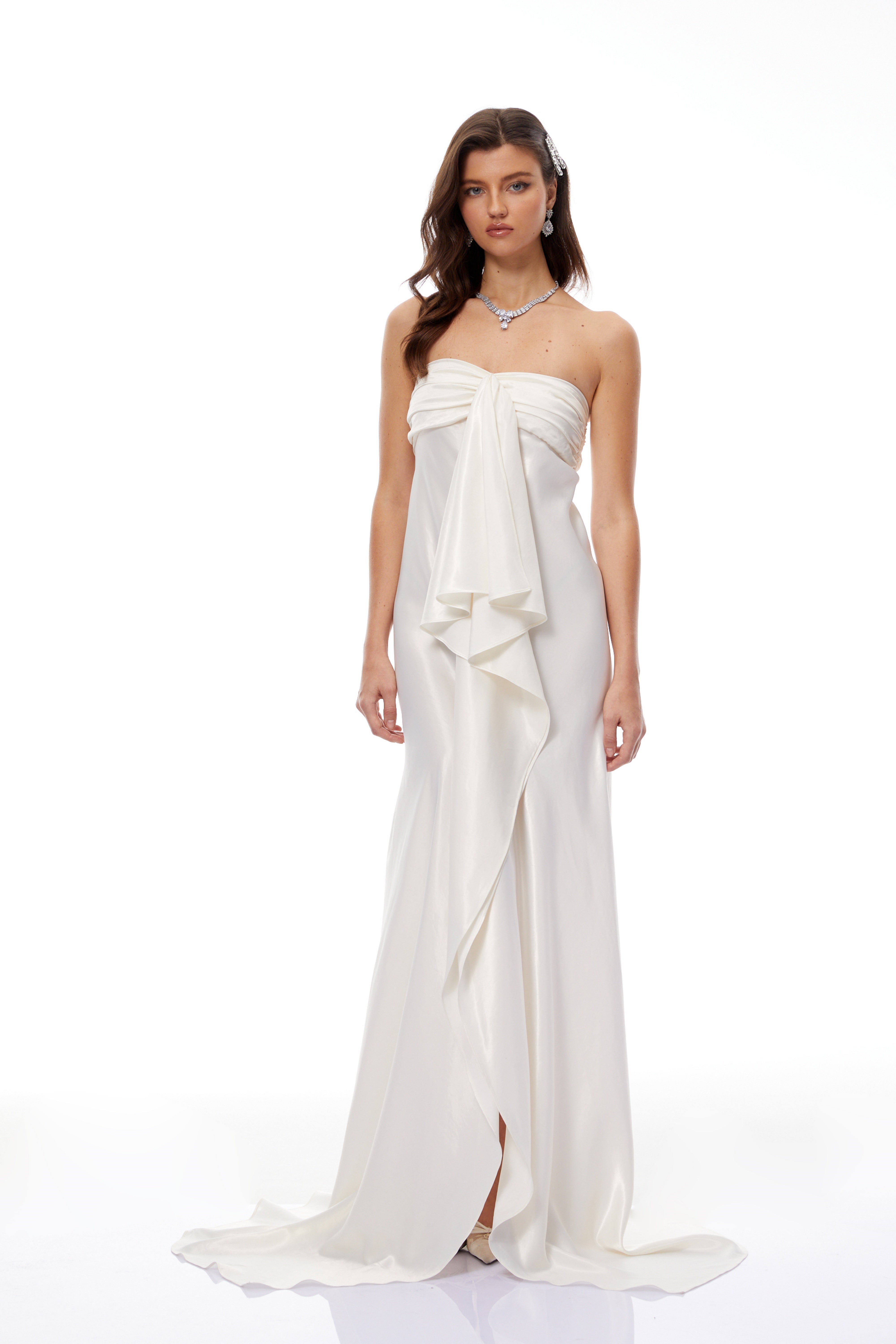 Lilla Beige Strapless Ruffled Satin Maxi Dress (Final Sale)